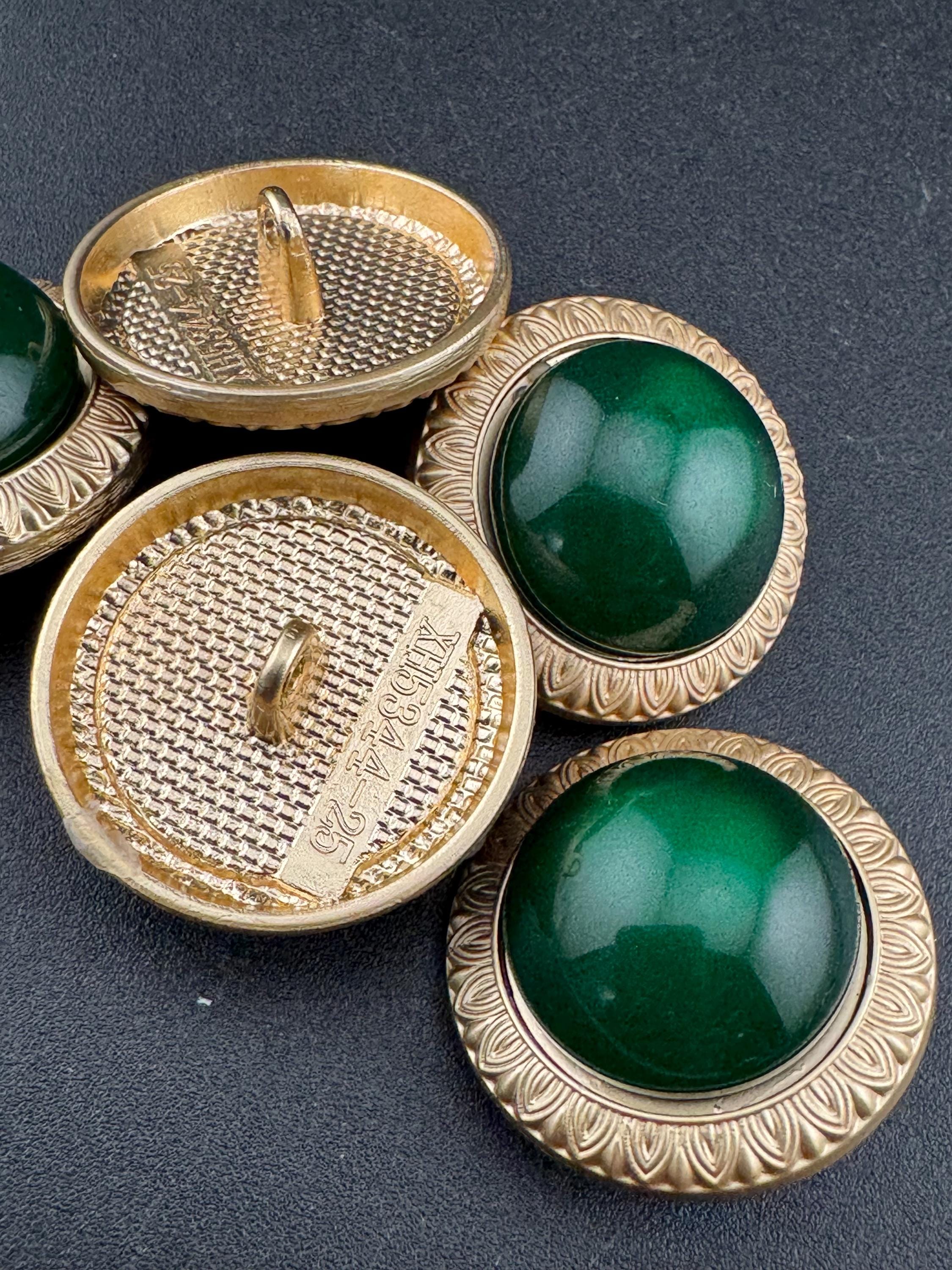Emerald Green Buttons: Gold Metal Shank, Acrylic Domed (5 pack)