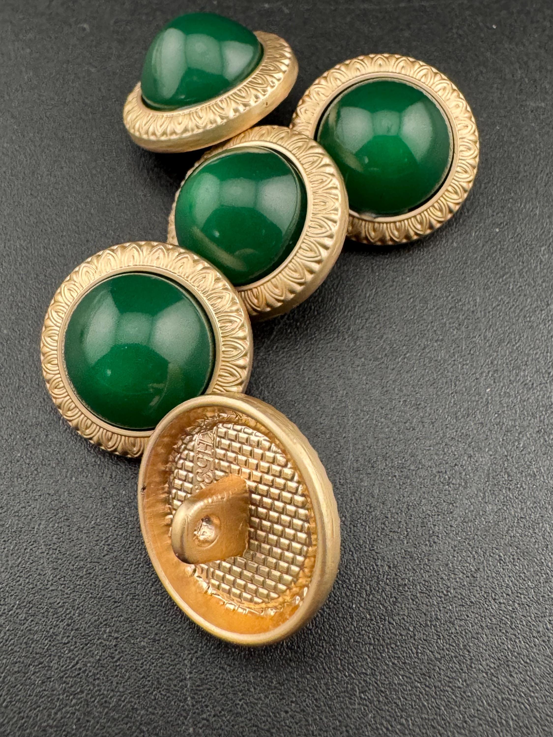 Emerald Green Buttons: Gold Metal Shank, Acrylic Domed (5 pack)