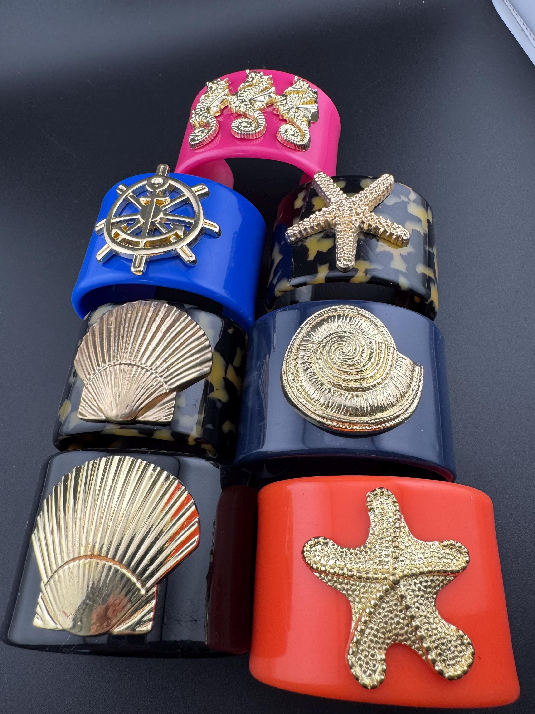 Retro Nautical Acrylic Cuff Bangle: Seashell, Seahorse, Ships Wheel