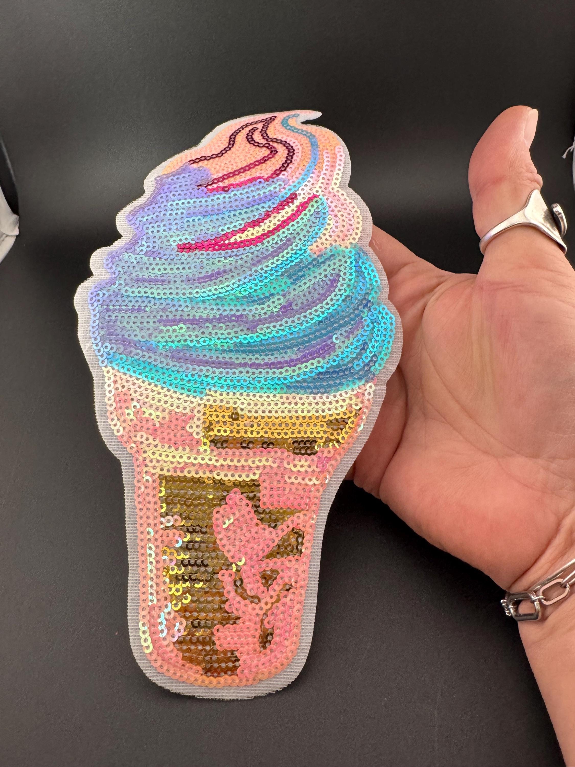 XL Sequin Ice Cream Patch: Blue, Pink & Gold Iron-On Applique