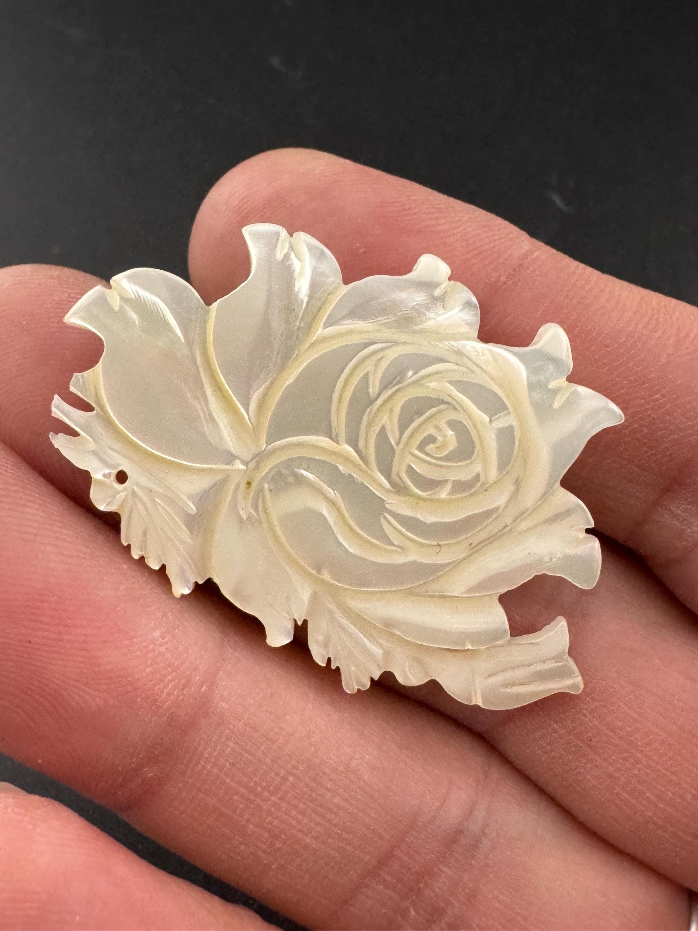Vintage MOP carved cut Mother of Pearl floral rose Brooch