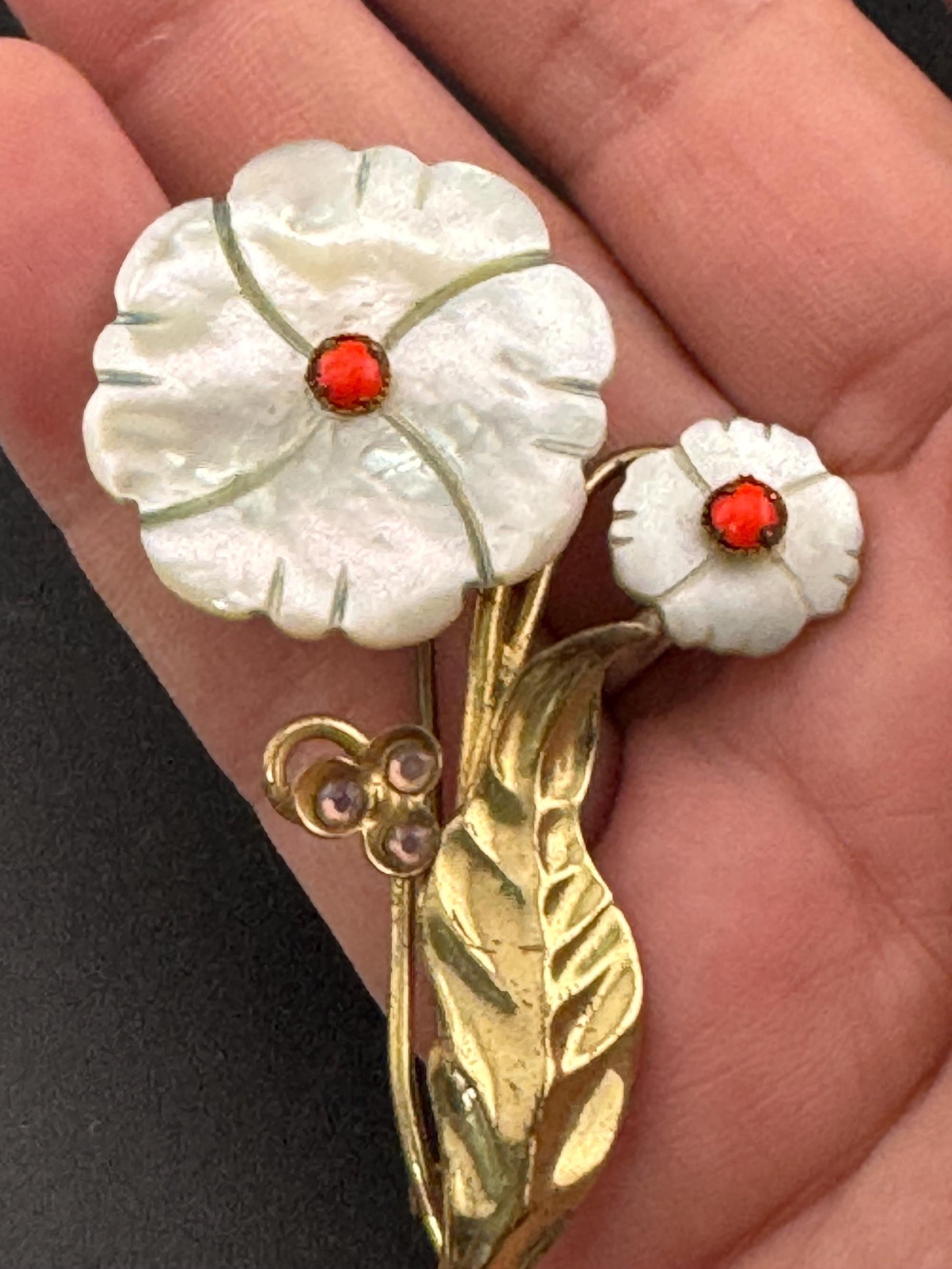 Vintage 1940s Mother of Pearl Floral Brooch: Carved Rose, Gold Tone