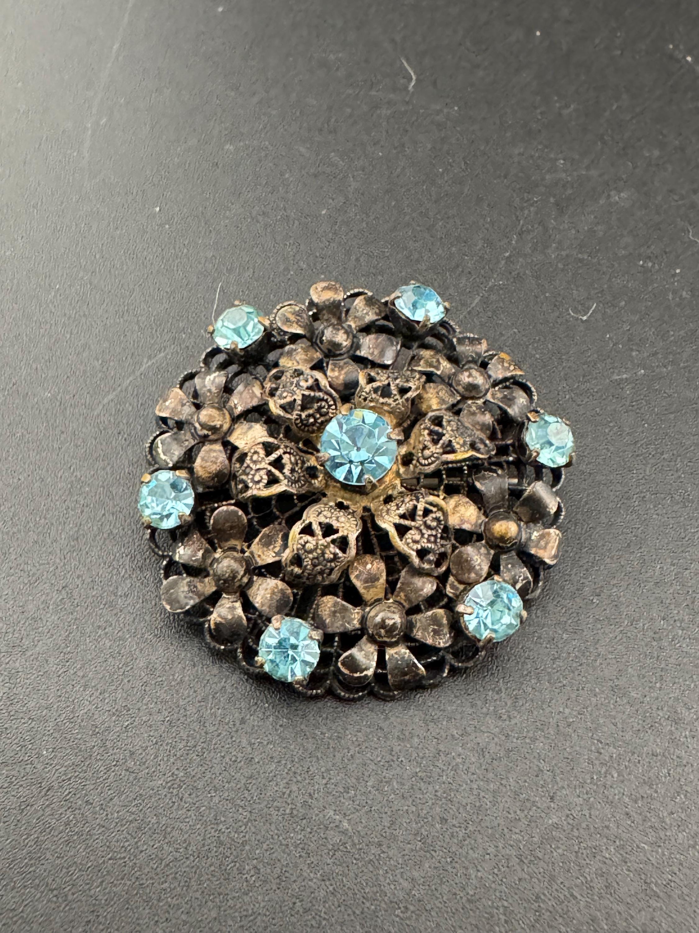 Vintage czech stamped filigree silver tone metal turquoise blue glass diamanté large brooch