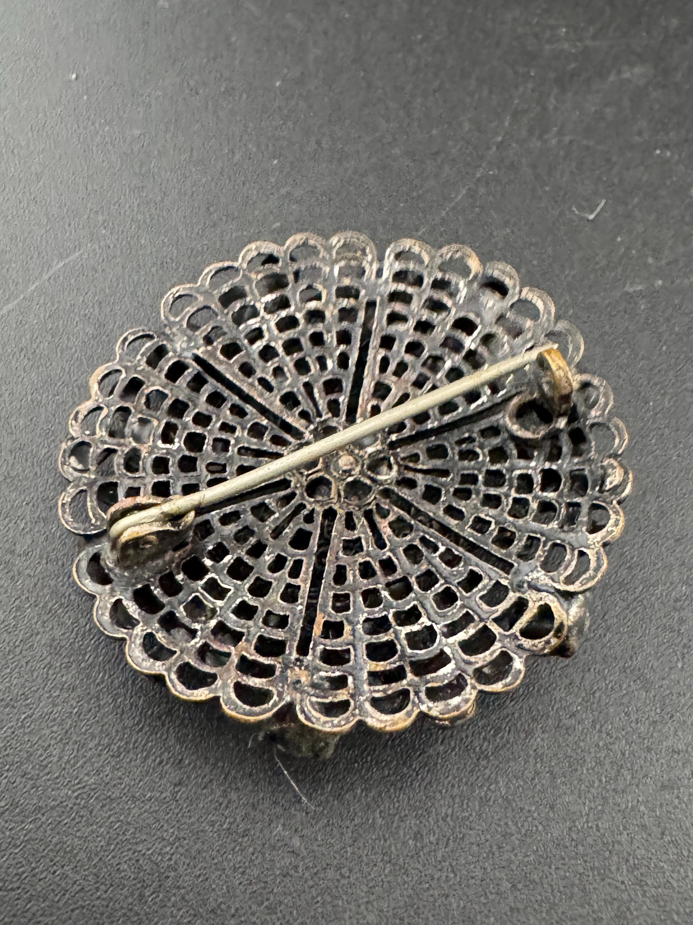 Vintage czech stamped filigree silver tone metal turquoise blue glass diamanté large brooch