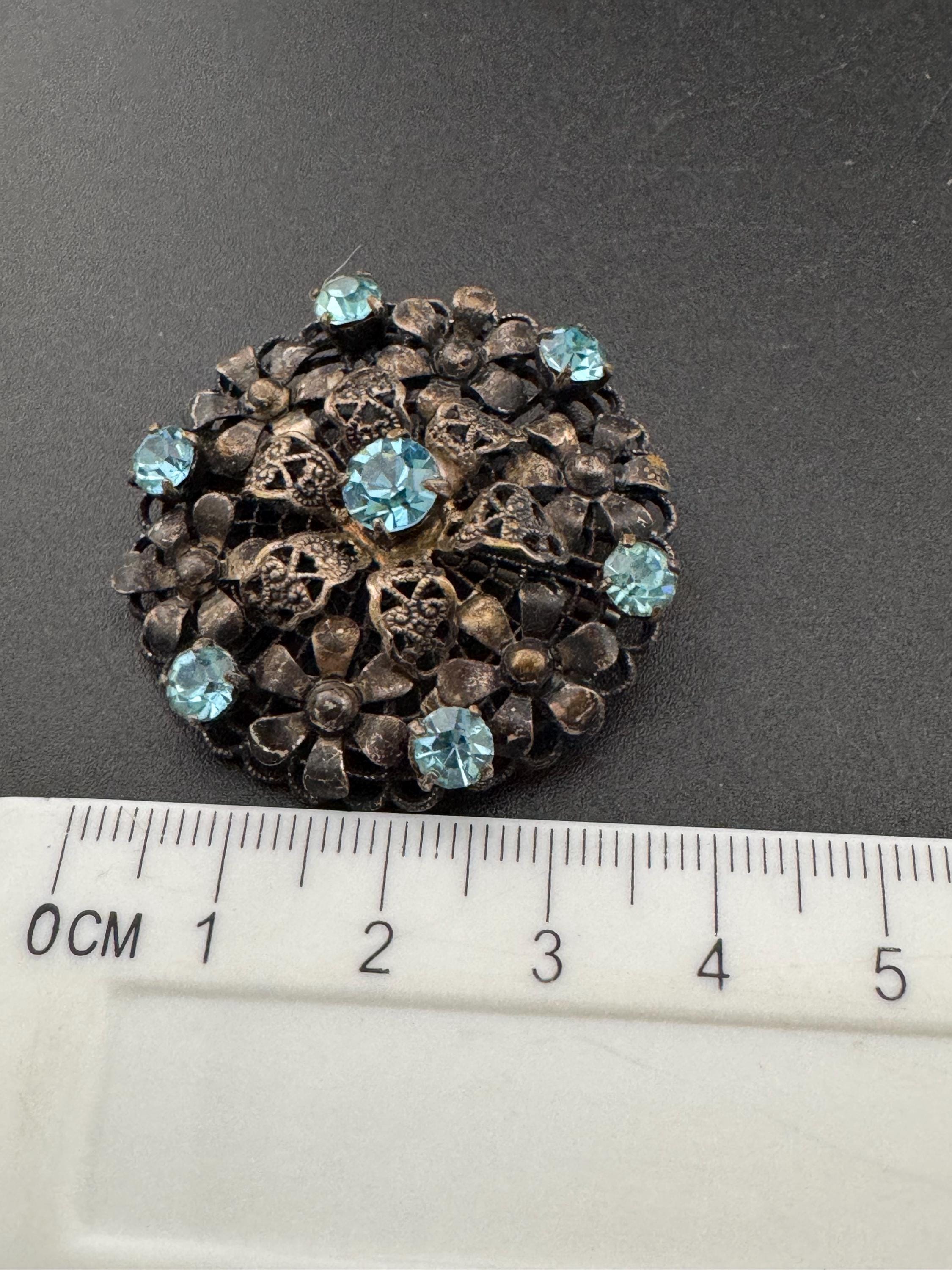 Vintage czech stamped filigree silver tone metal turquoise blue glass diamanté large brooch