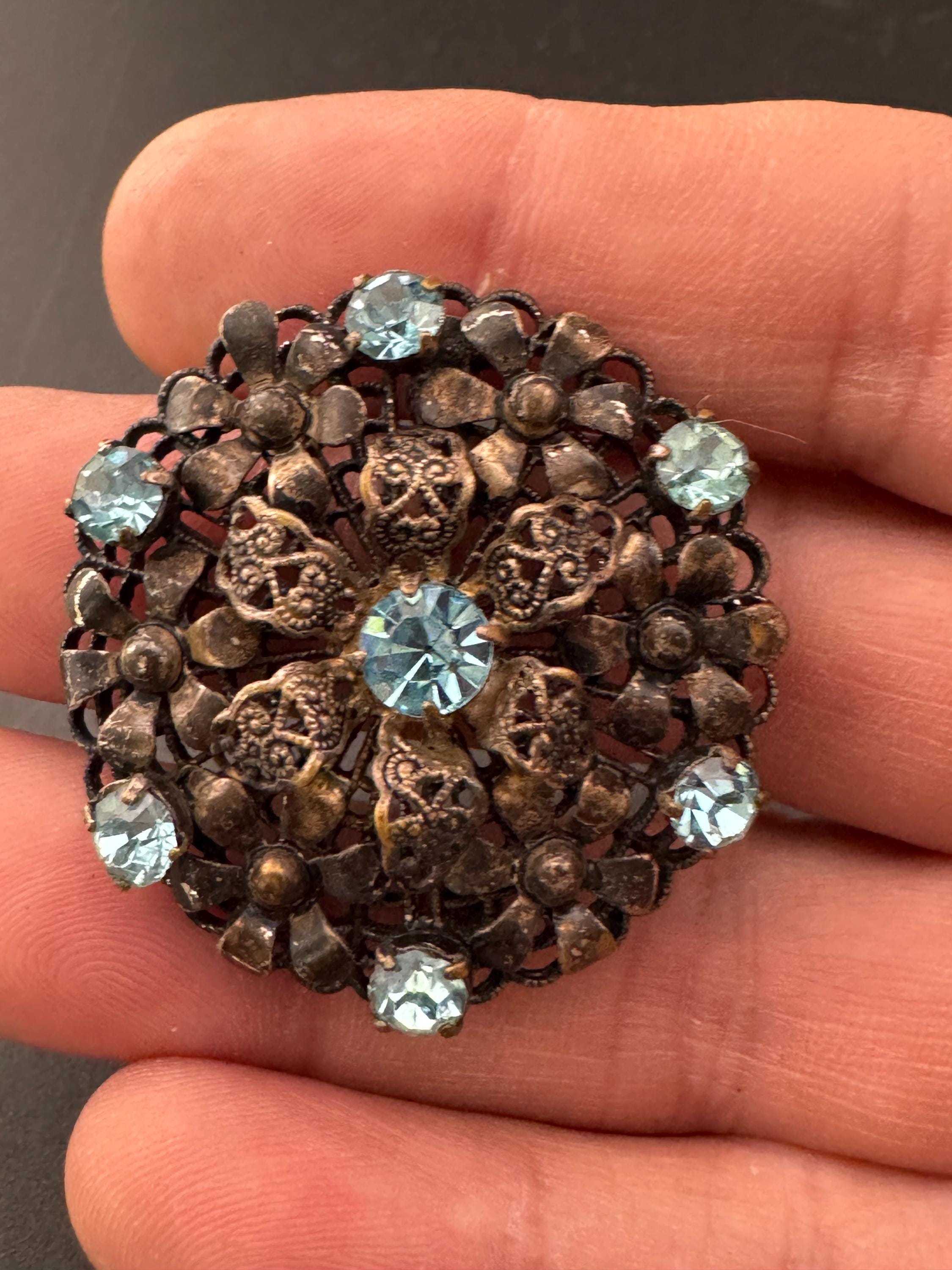 Vintage czech stamped filigree silver tone metal turquoise blue glass diamanté large brooch