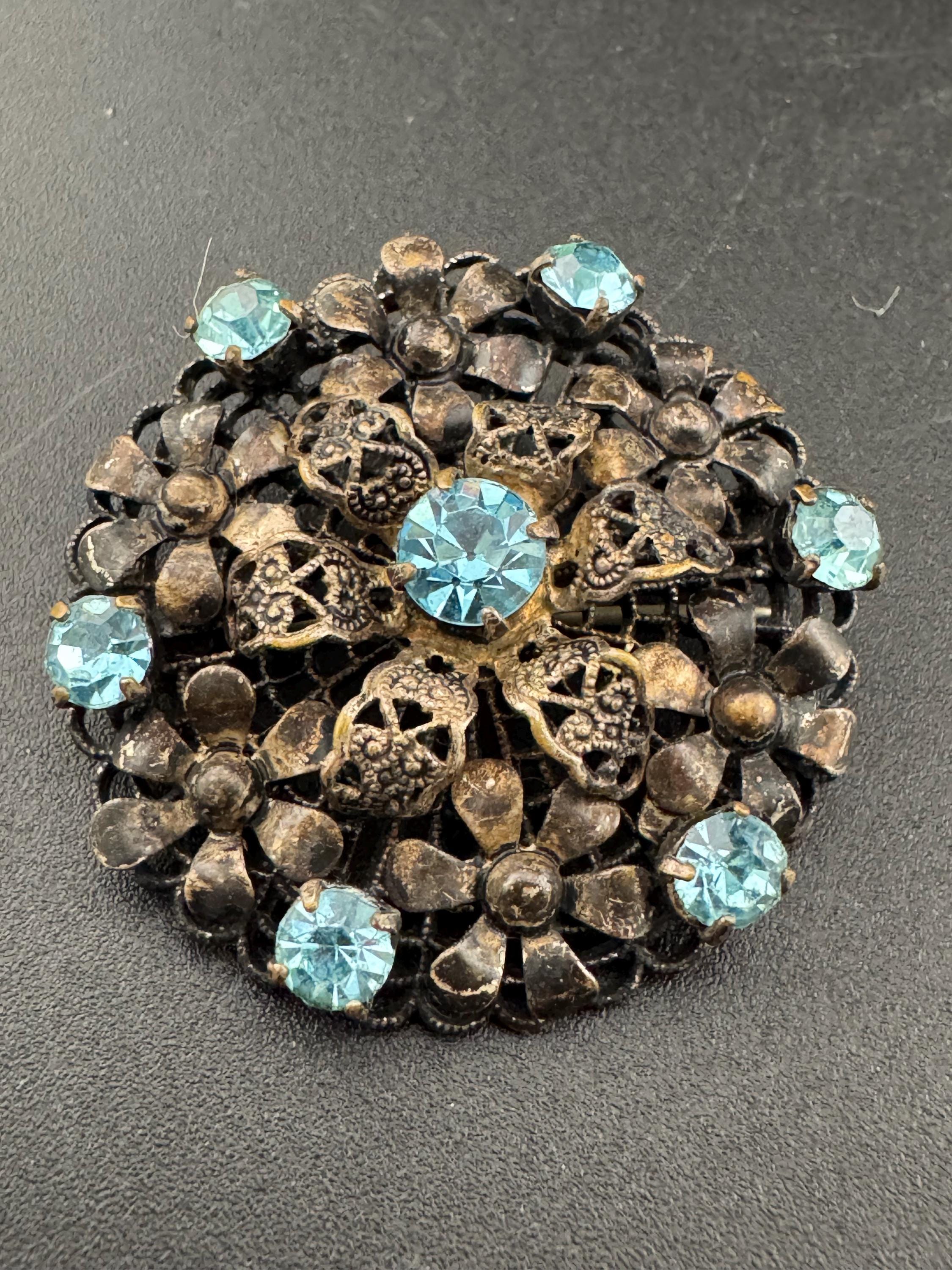 Vintage czech stamped filigree silver tone metal turquoise blue glass diamanté large brooch