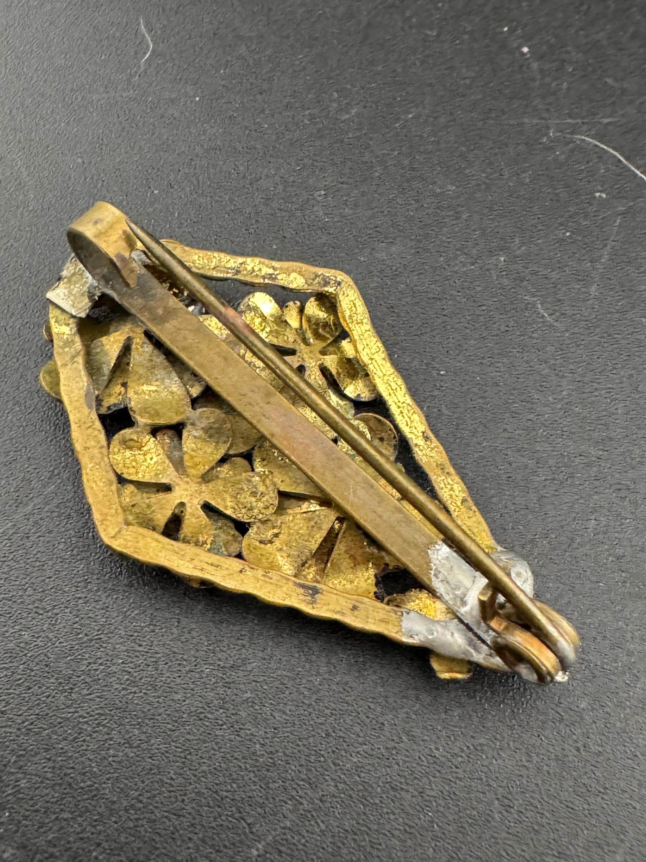 Small Czech Filigree Antique Brooch Emerald ruby sapphire Paste Rhinestone Diamanté Vintage 1920s