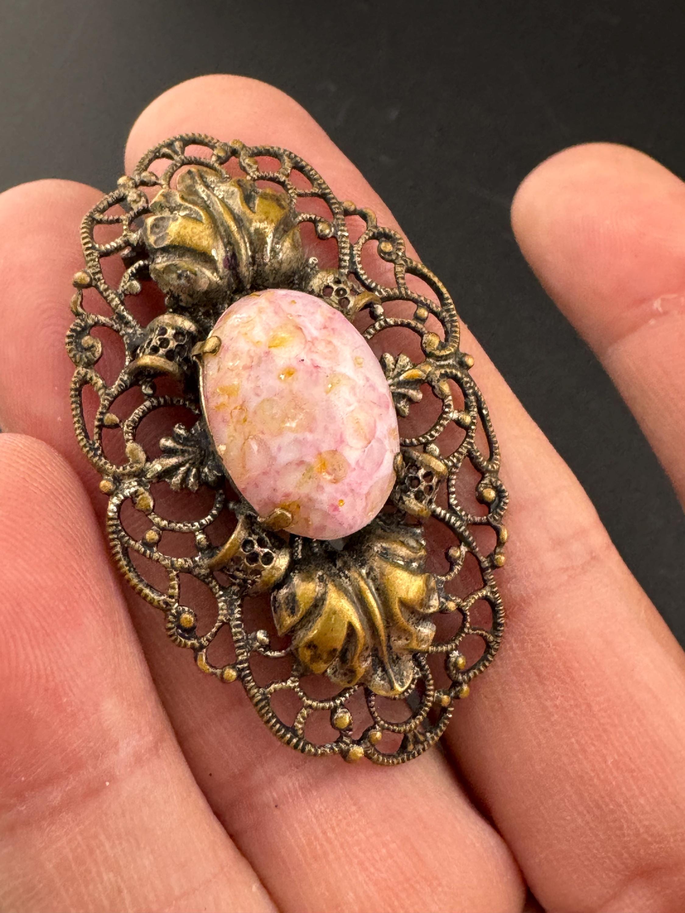 Vintage Art Deco Czech Brass Filigree pink cabochon Brooch Glass Early Period 1920s 1930s 1940s