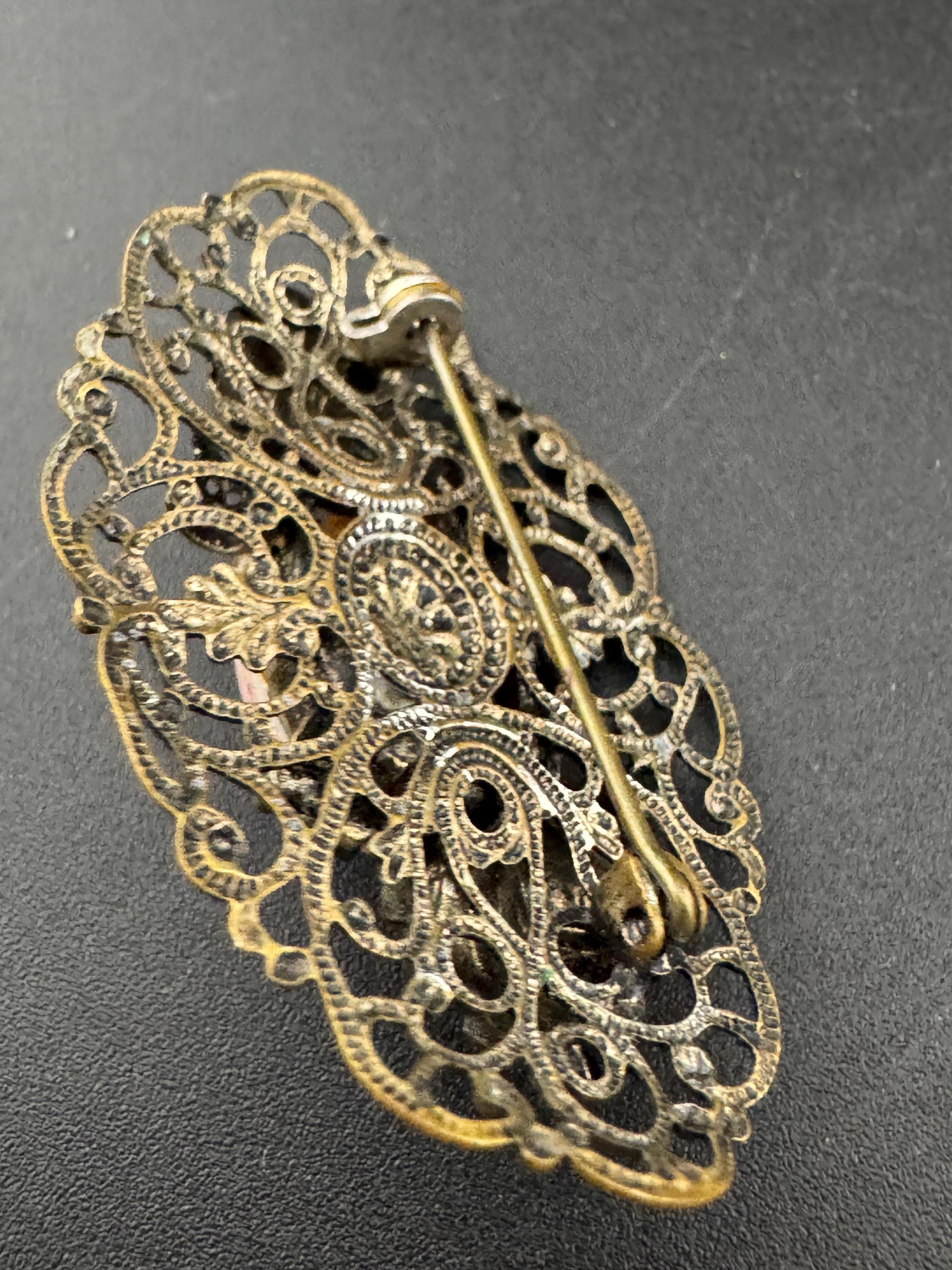 Vintage Art Deco Czech Brass Filigree pink cabochon Brooch Glass Early Period 1920s 1930s 1940s