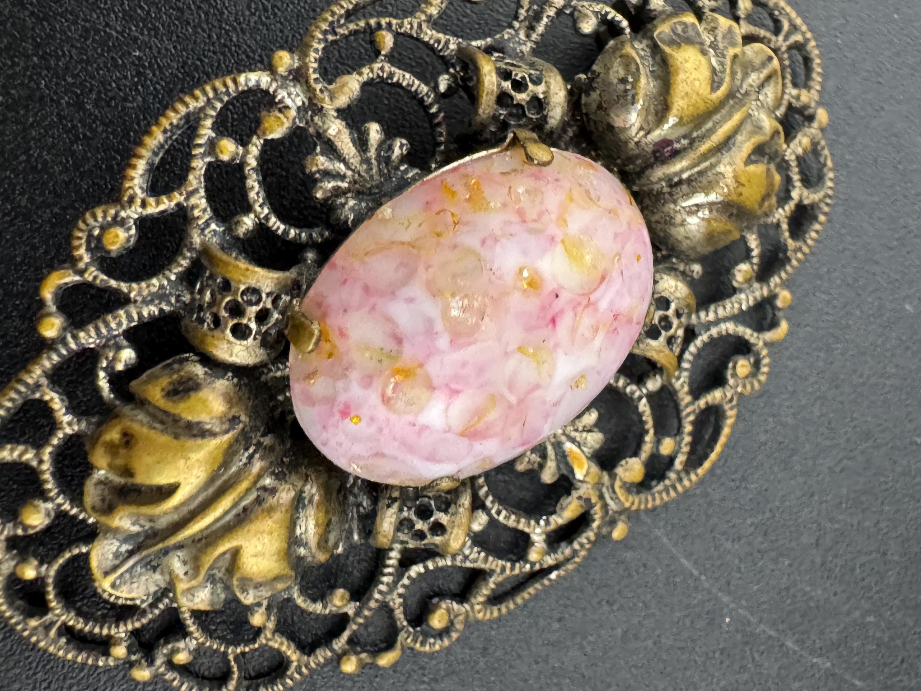 Vintage Art Deco Czech Brass Filigree pink cabochon Brooch Glass Early Period 1920s 1930s 1940s