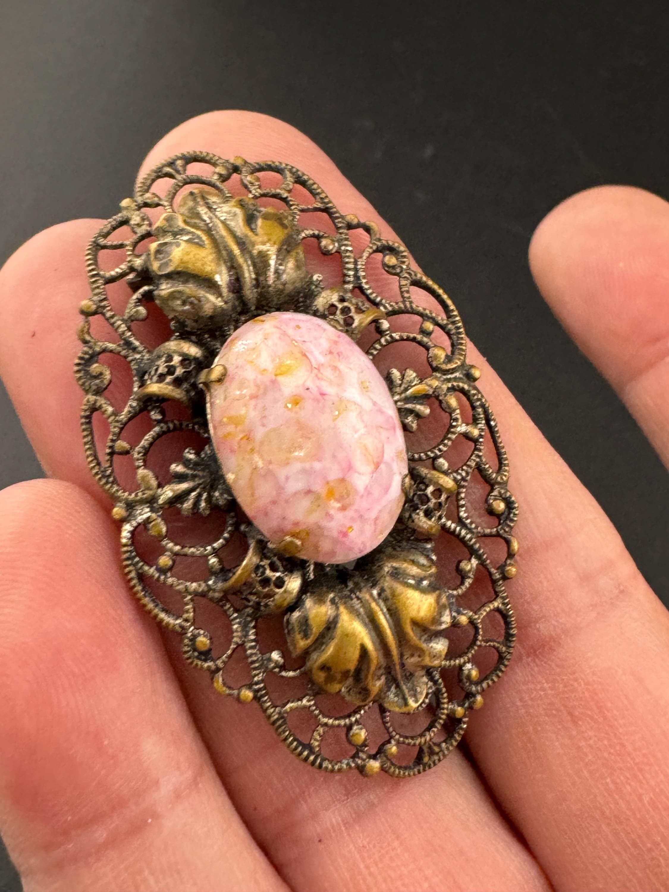 Vintage Art Deco Czech Brass Filigree pink cabochon Brooch Glass Early Period 1920s 1930s 1940s