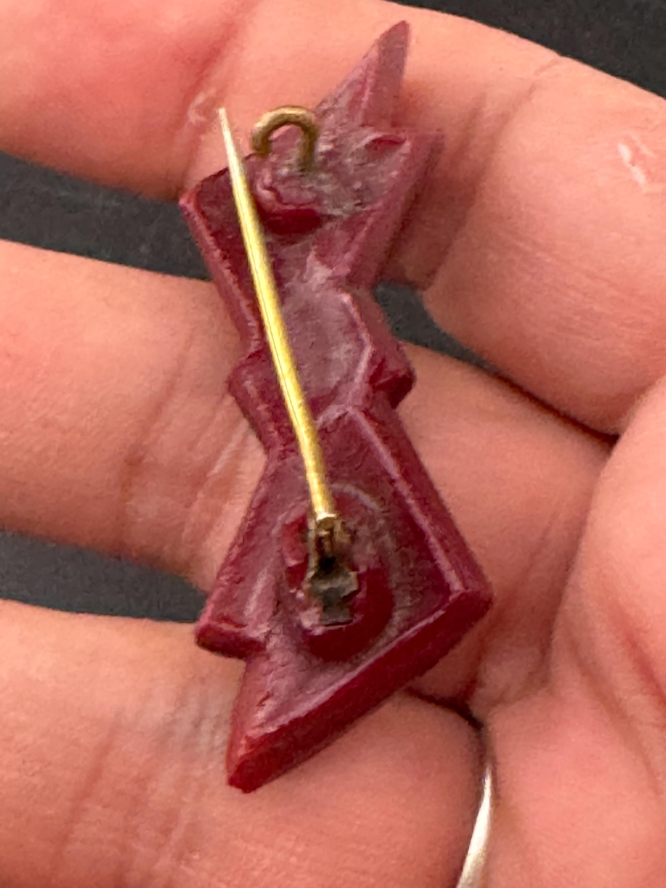 antique Czech Red moulded glass bow brooch silver art deco