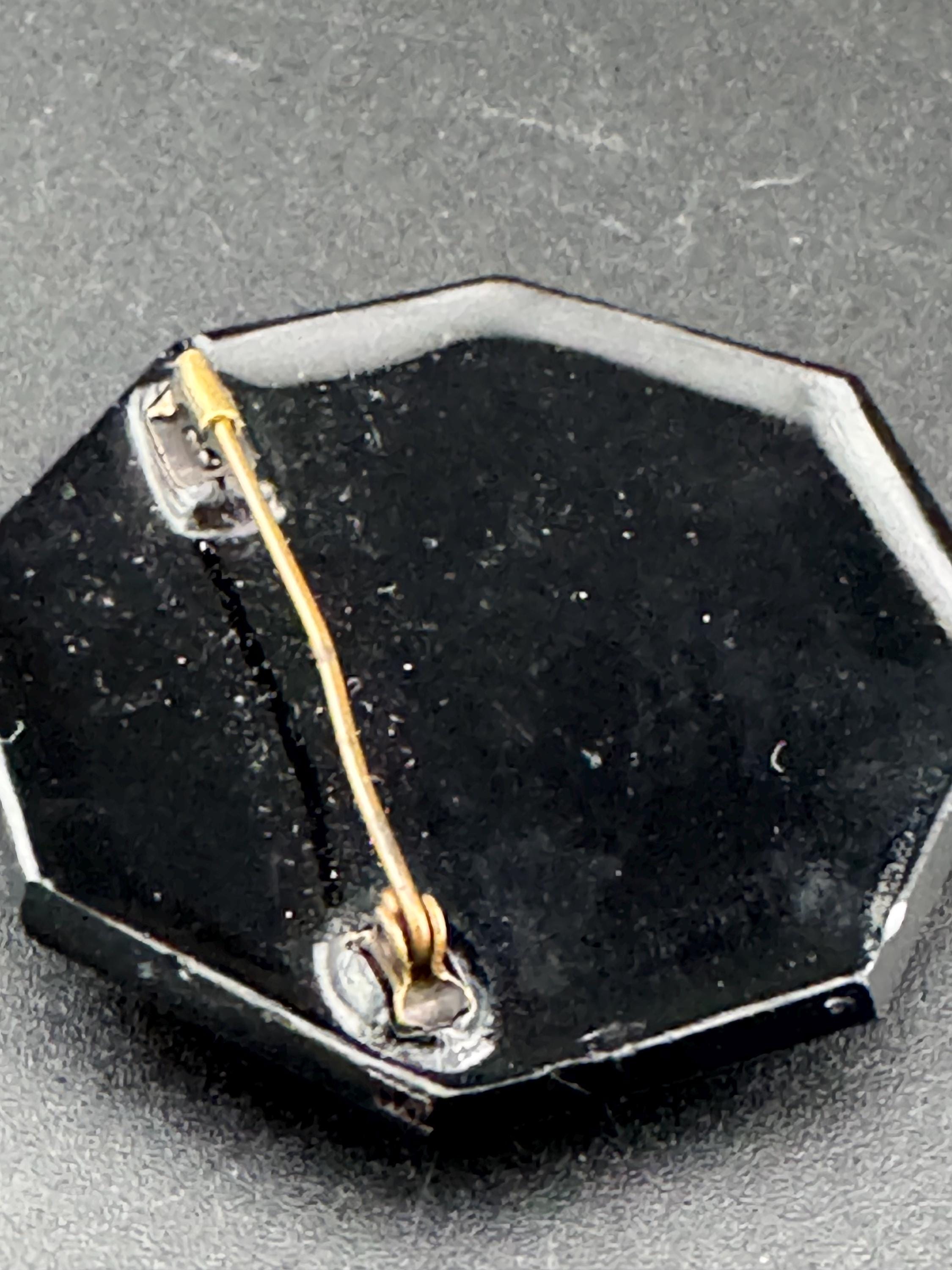 Antique to mid century french Black Glass fliral octagon brooch pin Art Deco modernist