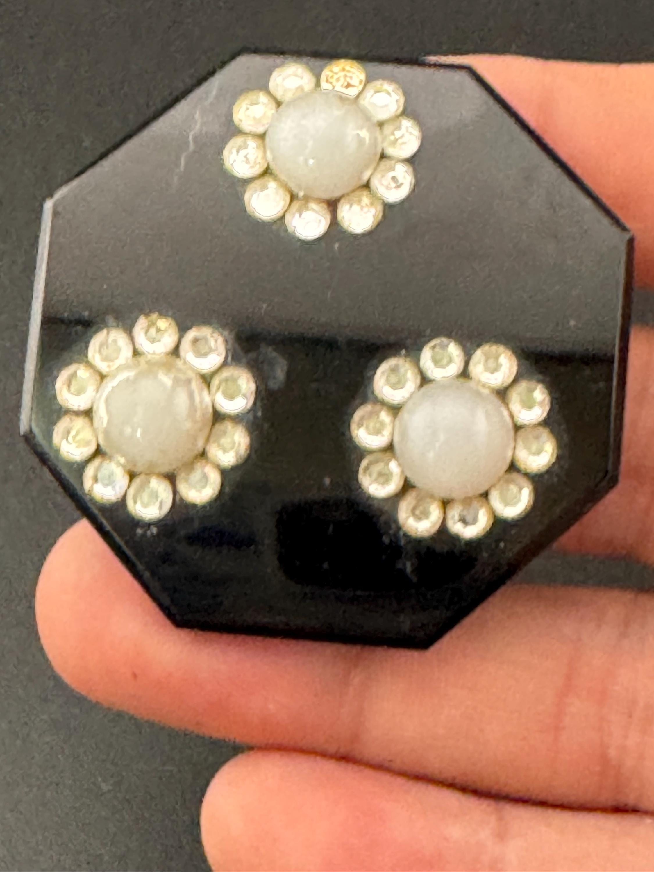 Antique to mid century french Black Glass fliral octagon brooch pin Art Deco modernist