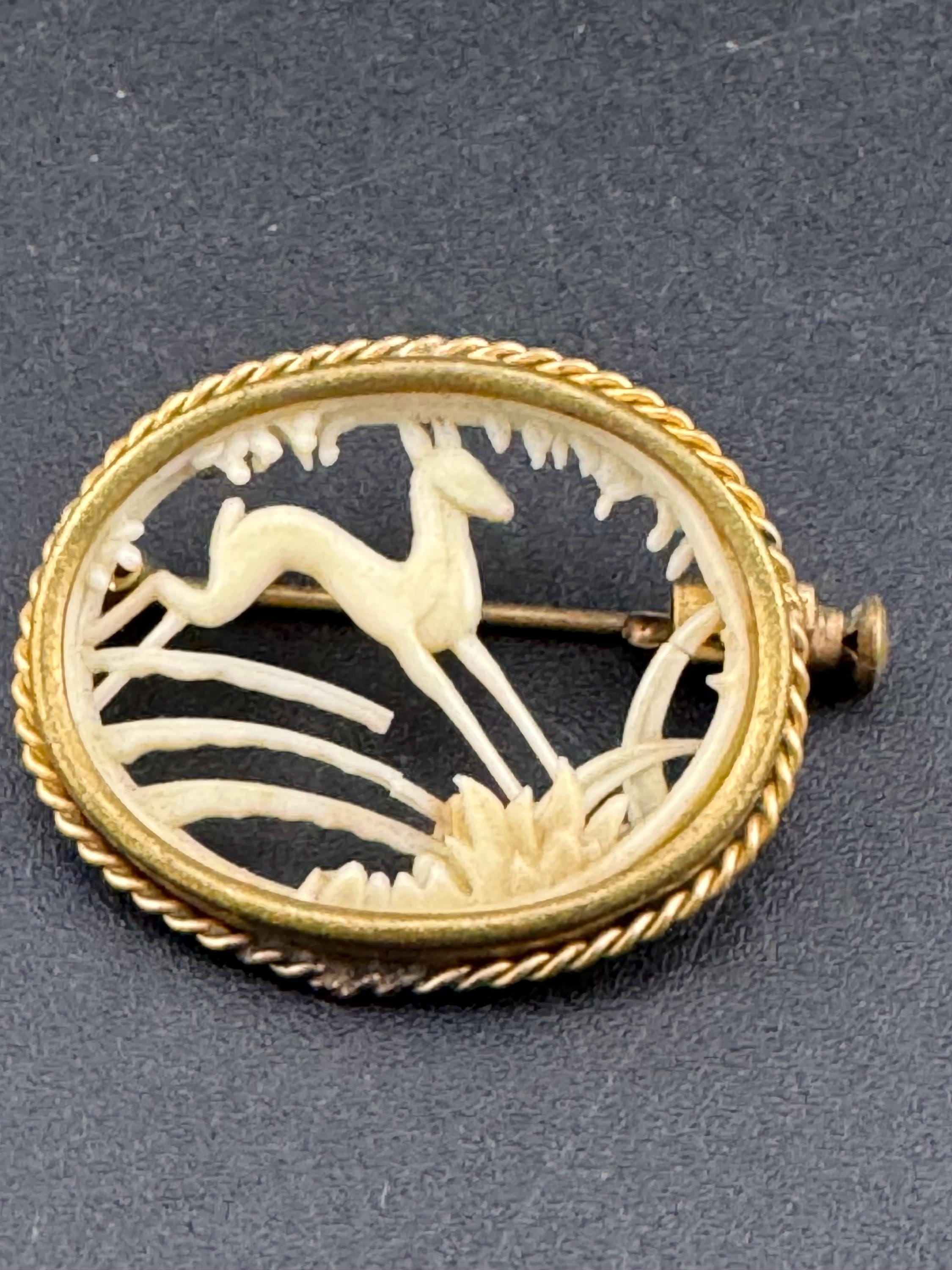 Vintage Art Deco French brass and cream early plastic celluloid woodland stag scene cut out work brooch 1930s 1920s