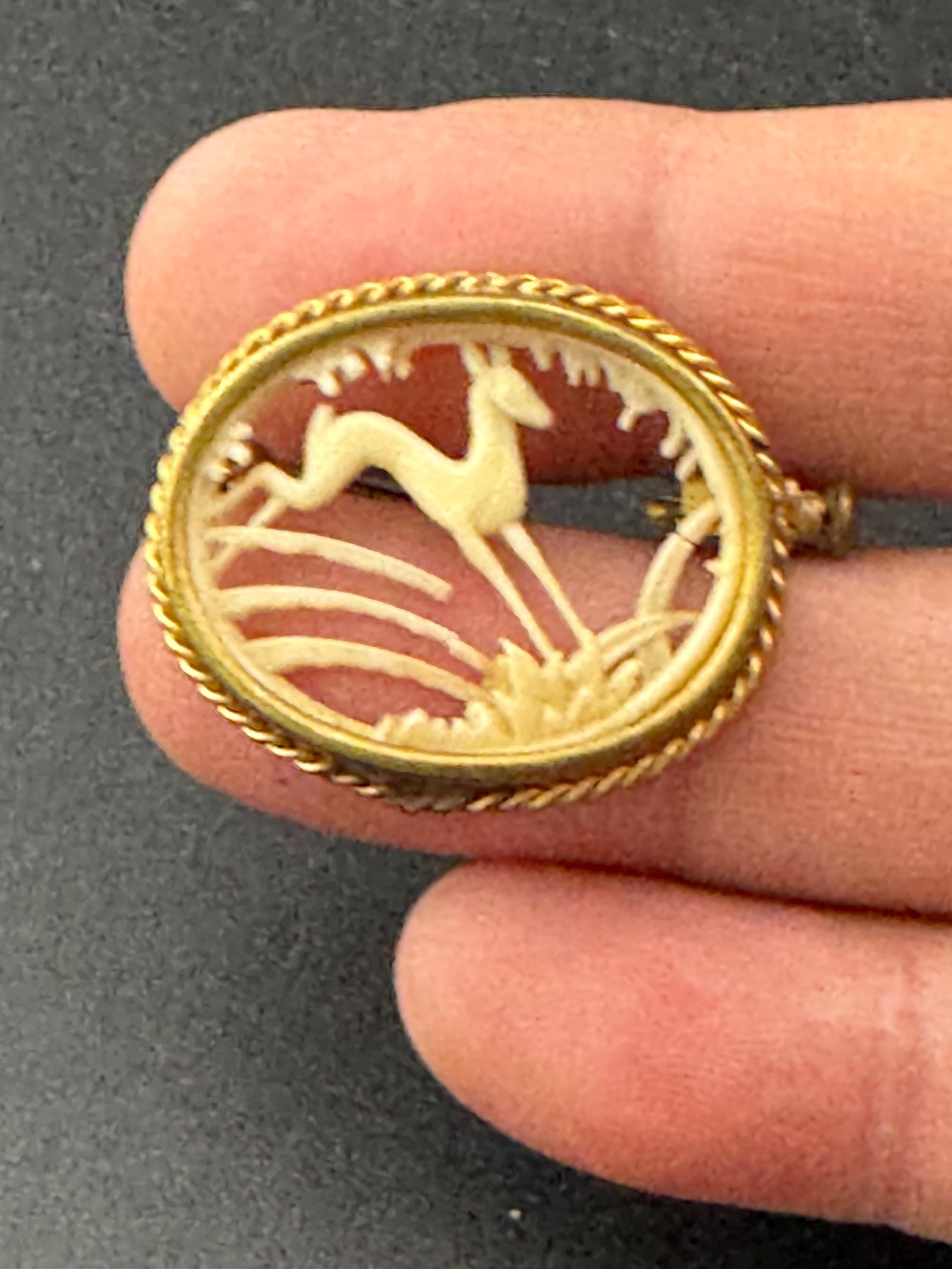 Vintage Art Deco French brass and cream early plastic celluloid woodland stag scene cut out work brooch 1930s 1920s