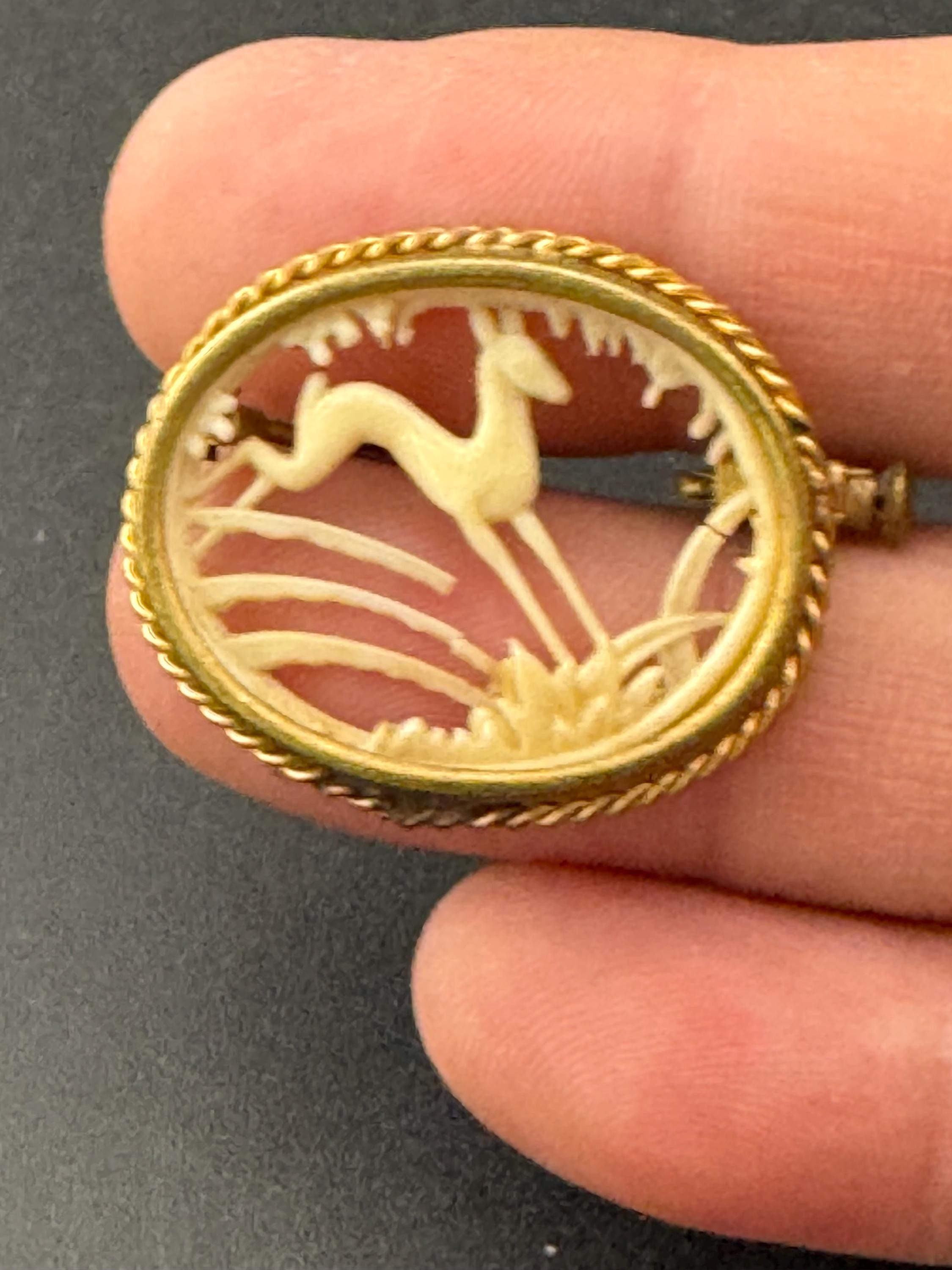 Vintage Art Deco French brass and cream early plastic celluloid woodland stag scene cut out work brooch 1930s 1920s