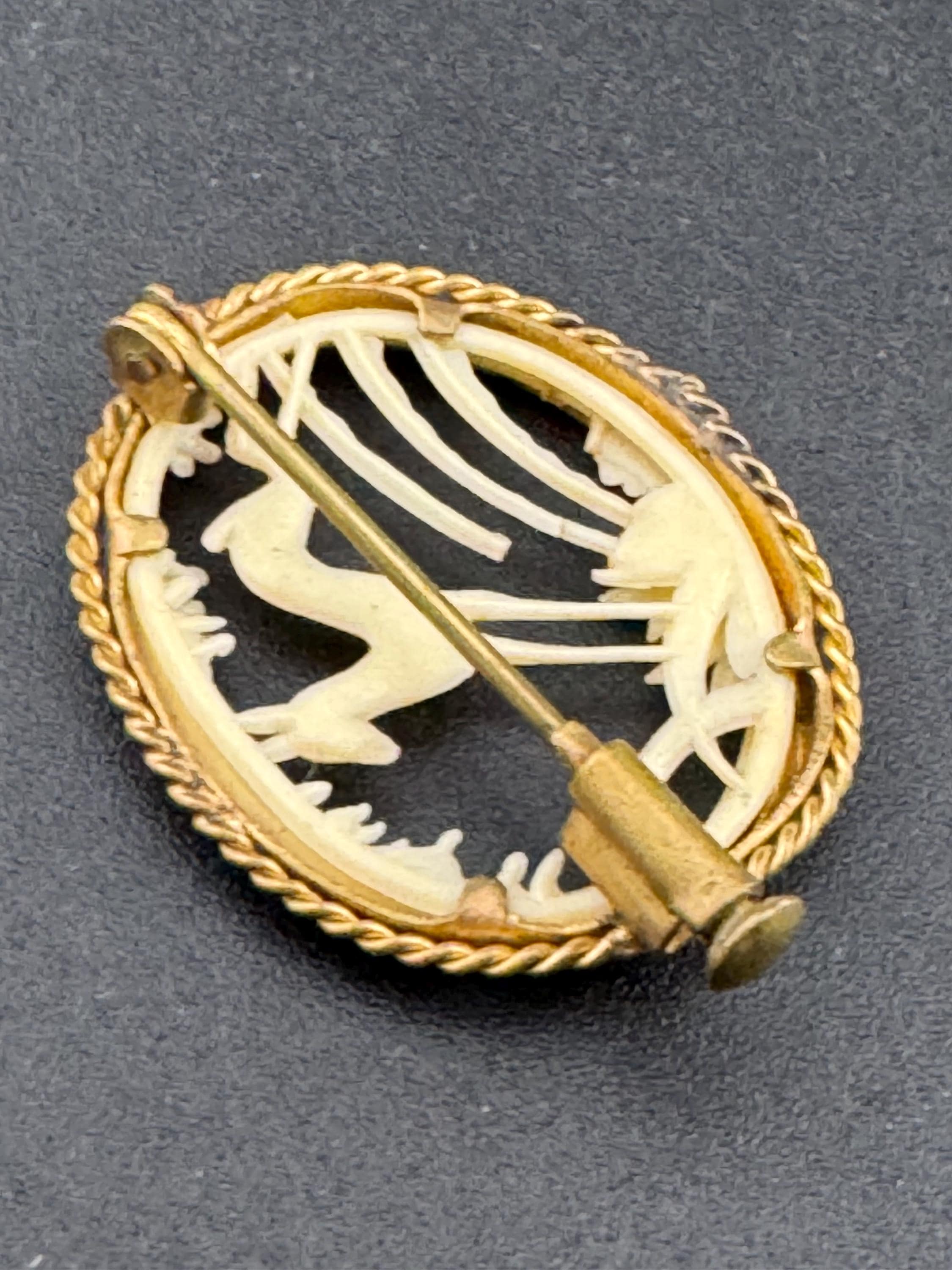 Vintage Art Deco French brass and cream early plastic celluloid woodland stag scene cut out work brooch 1930s 1920s