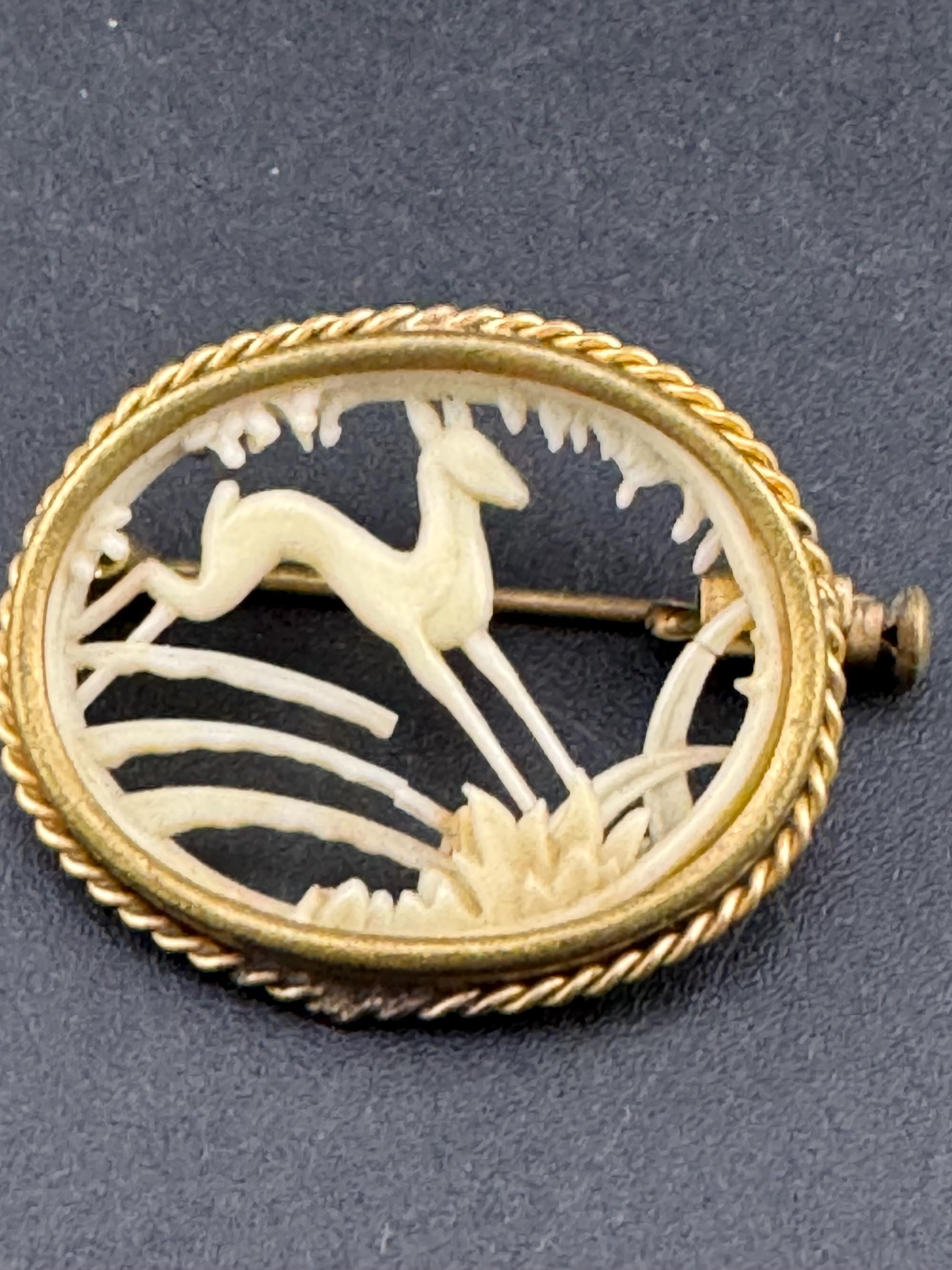 Vintage Art Deco French brass and cream early plastic celluloid woodland stag scene cut out work brooch 1930s 1920s