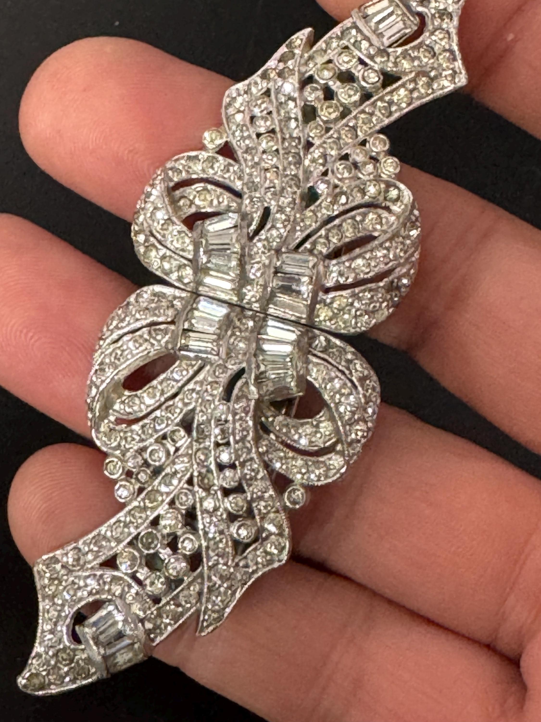 Vintage pair of rhinestone Dress Clips Combination Brooch, duette clip in Silver chrome metal Art Deco