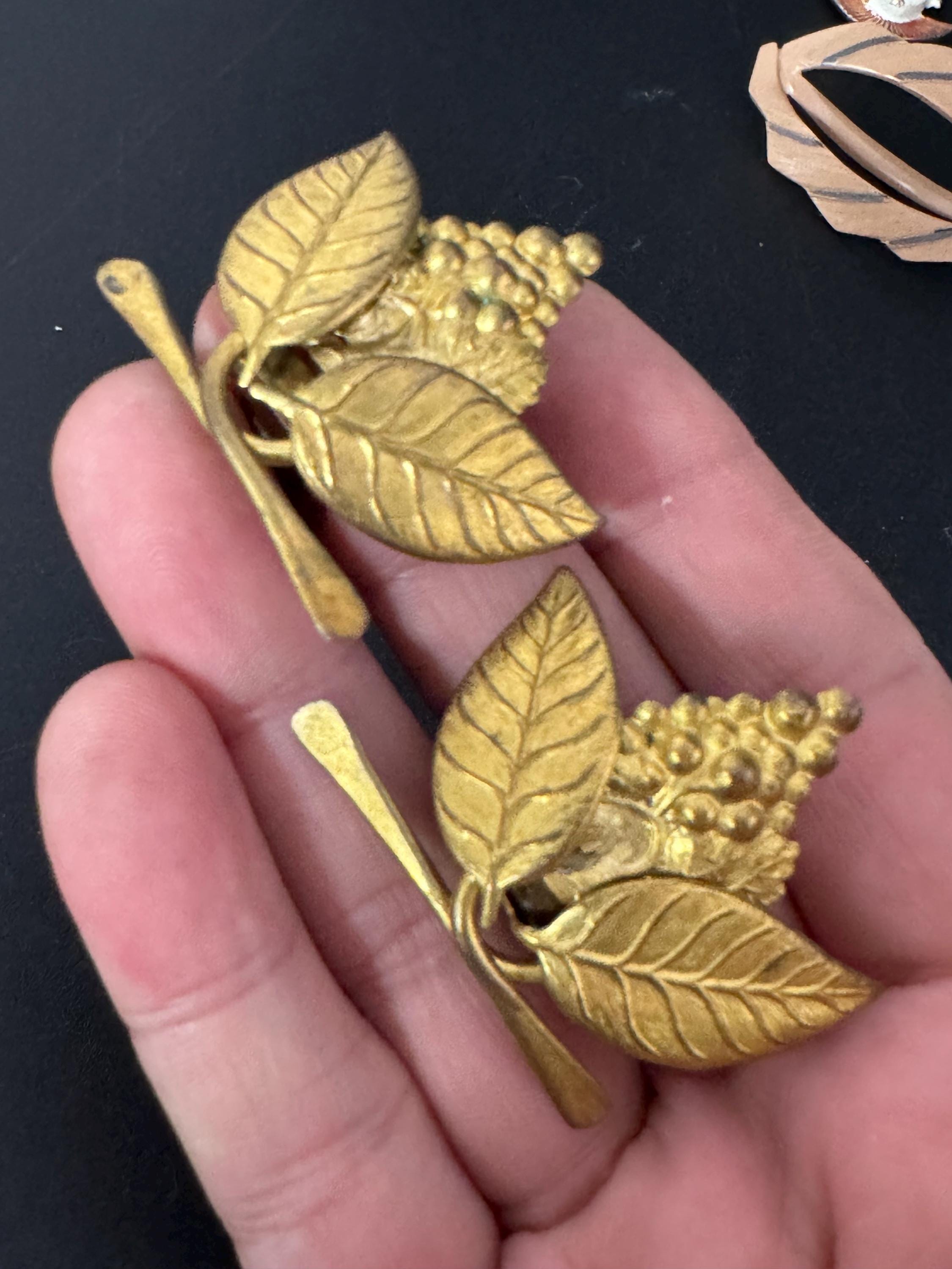 Art Deco Czech Brass Dress Clips: Grapes & Leaves