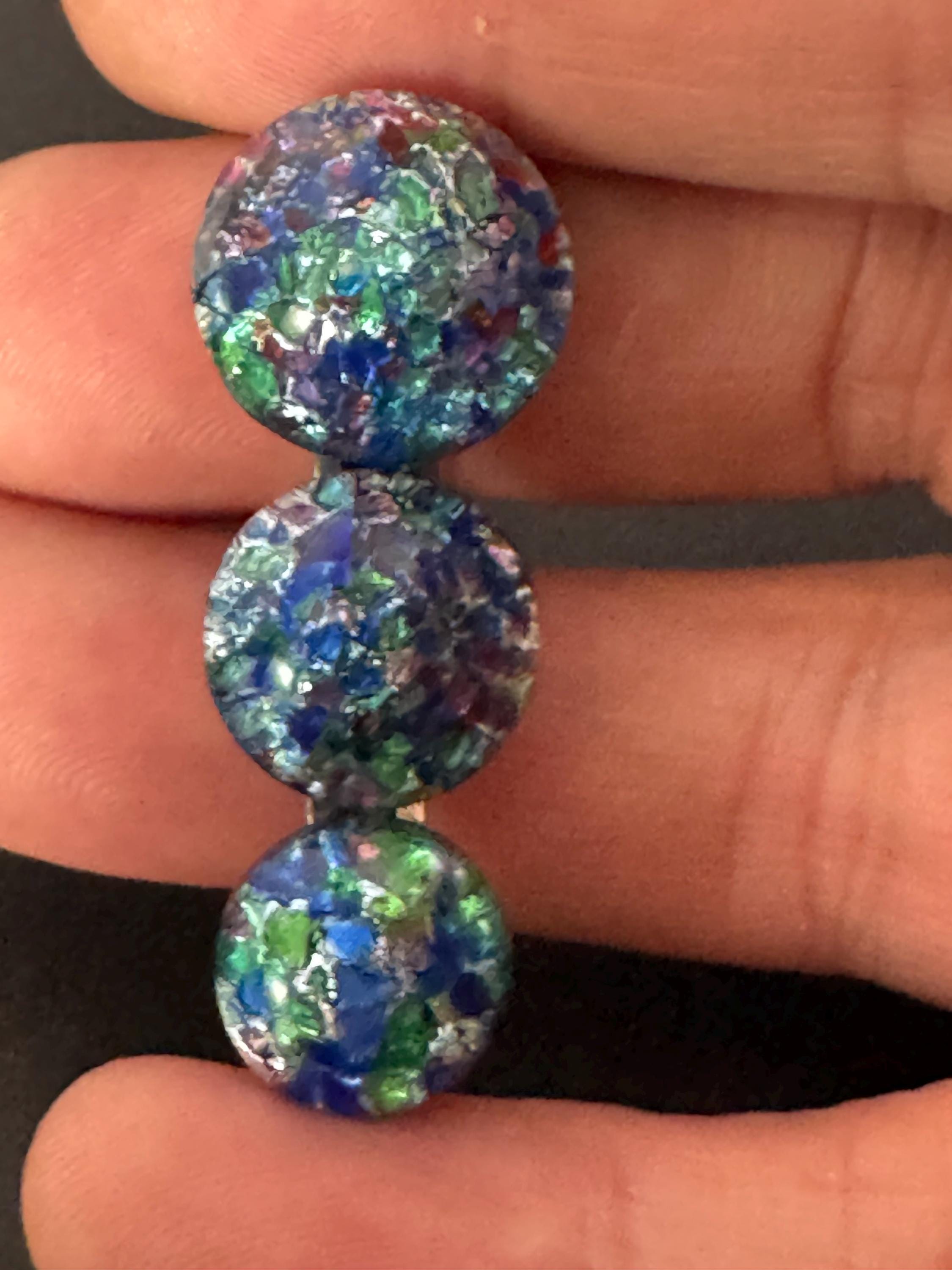 1 x Art Deco rainbow lustre glass triple cabochon Czech signed single Dress Clip Early Clothing 1920s 1930s 1940s