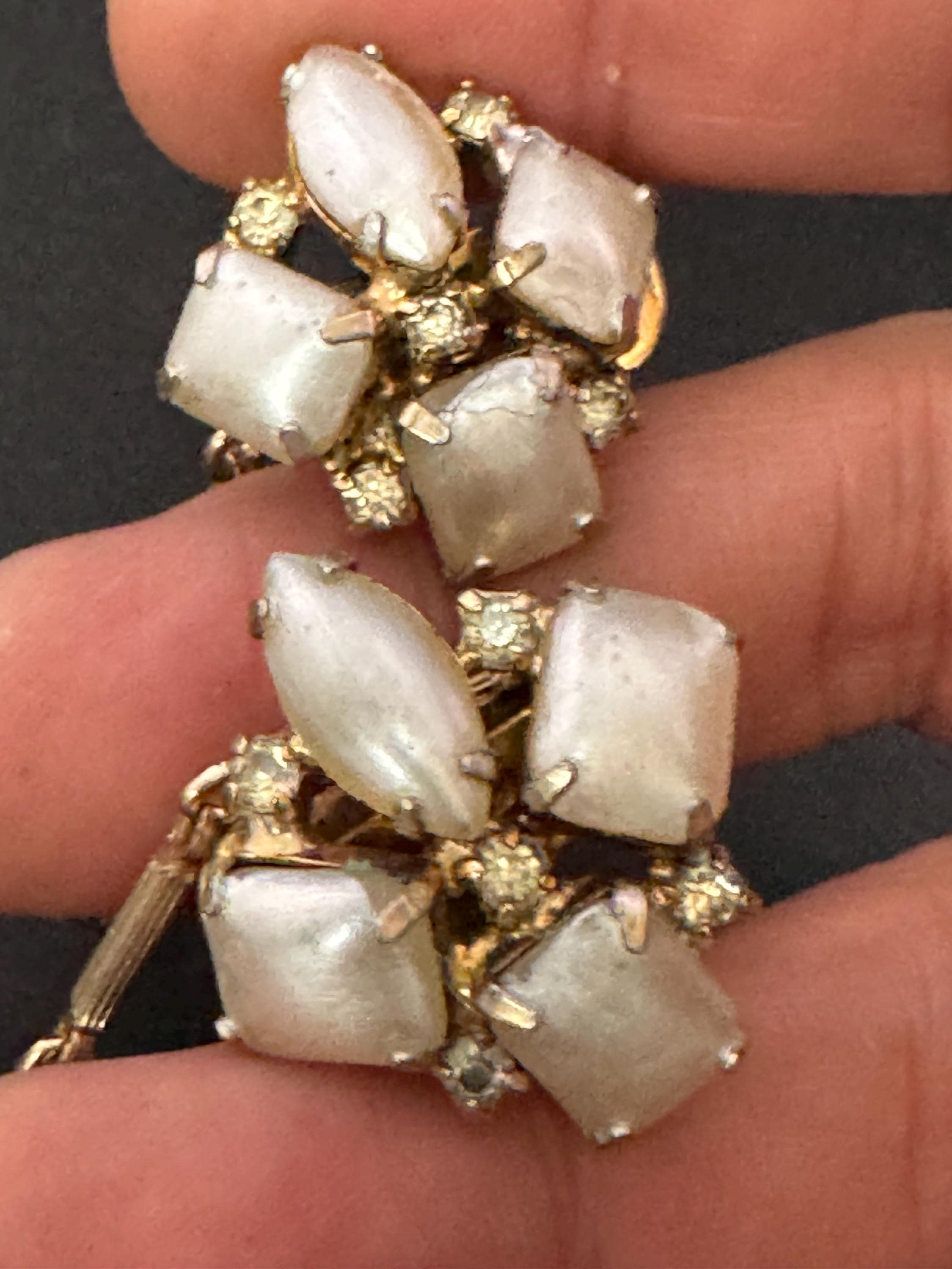 Rectangular face pearl and rhinestone vintage double gold tone mid century metal sweater guards jumper cloak clips