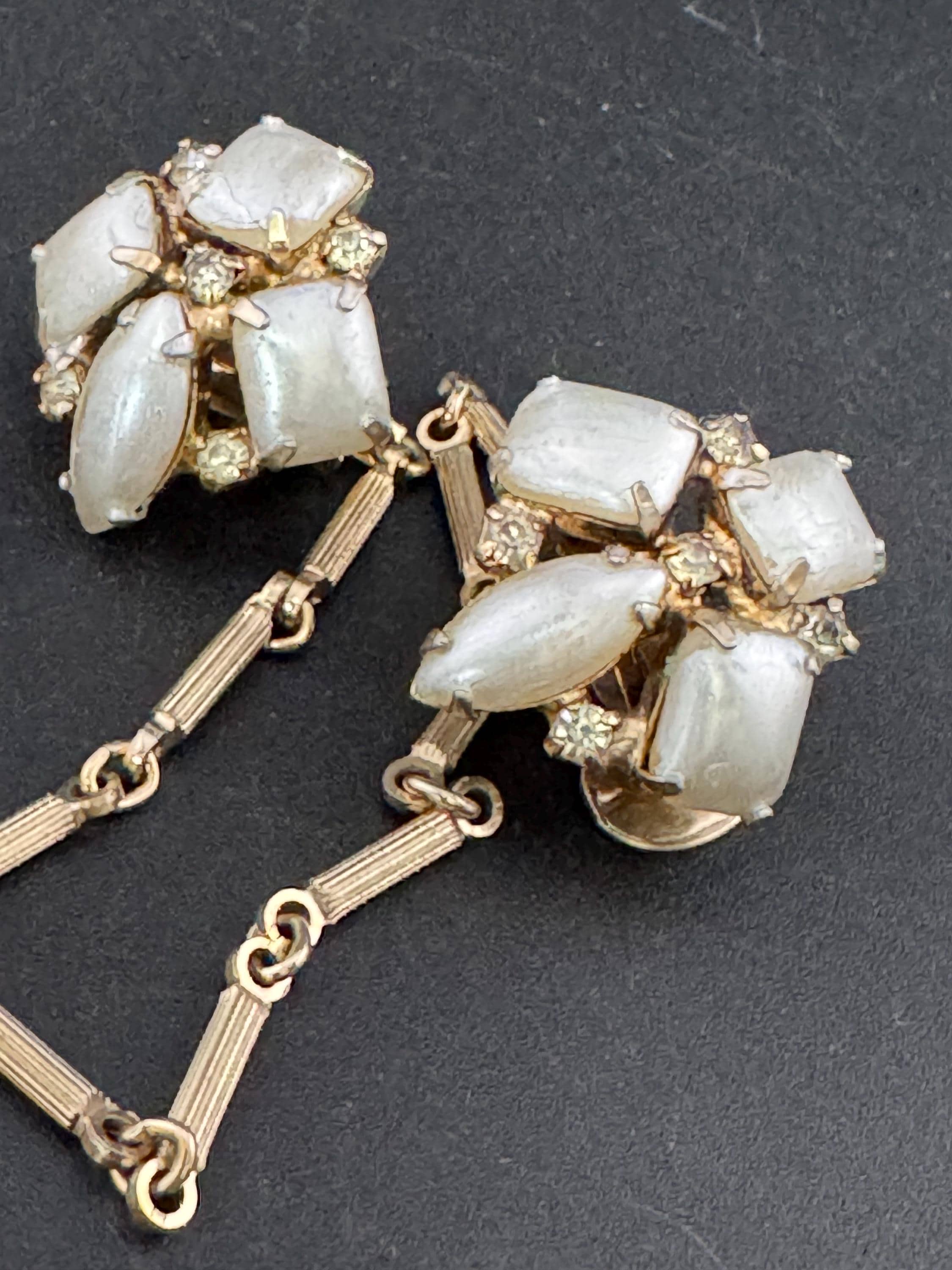 Rectangular face pearl and rhinestone vintage double gold tone mid century metal sweater guards jumper cloak clips