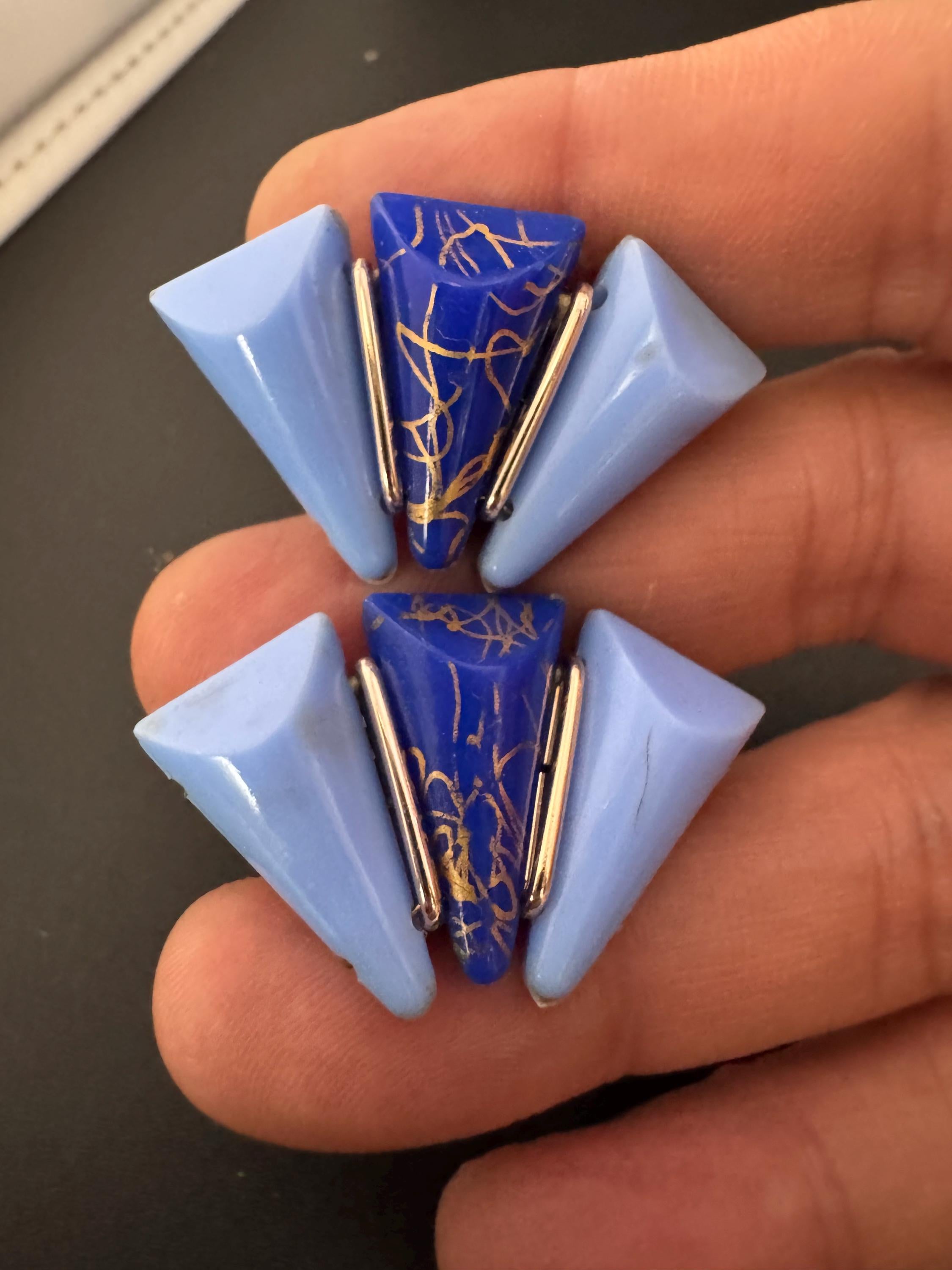 Vintage triangular blue and silver plastic panels Geometric large clip on earrings