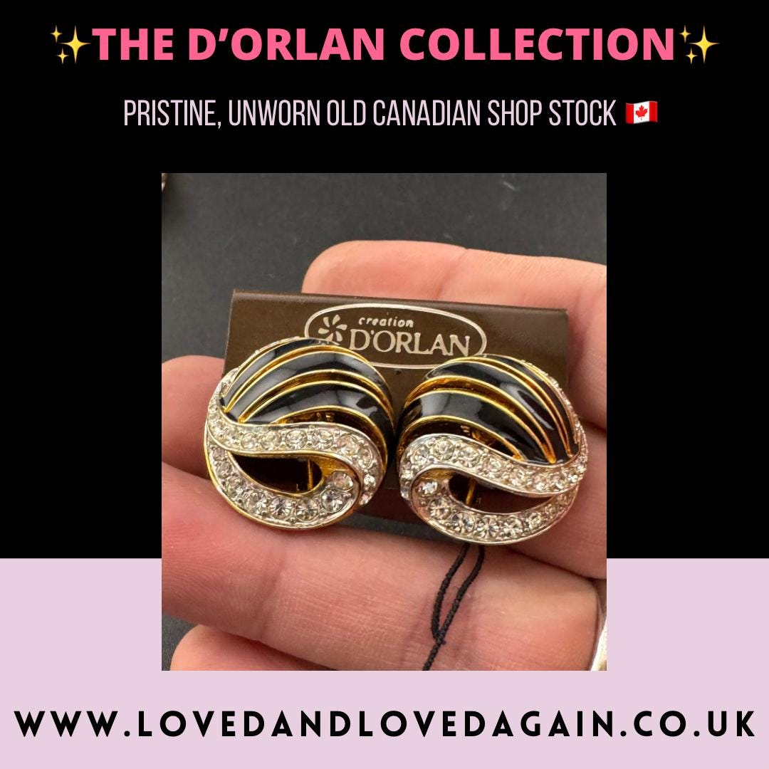 Vintage D’orlan Swarovski Crystal Clip On Earrings: 22ct Gold Plated Black Enamel, signed