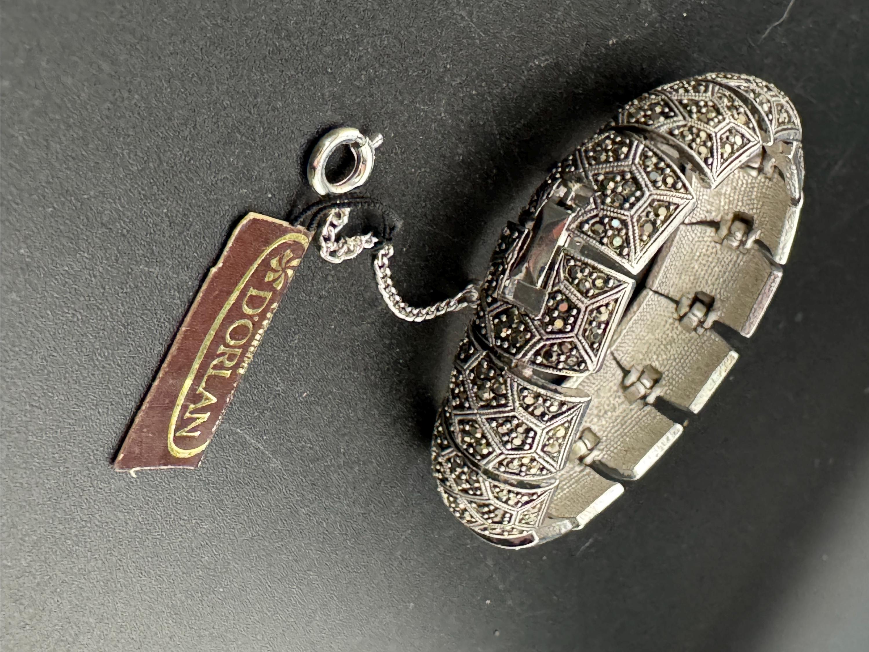 Vintage D’orlan Canada designer rhodium silver plated and marcasite wide panel link bracelet 20cm x 2cm