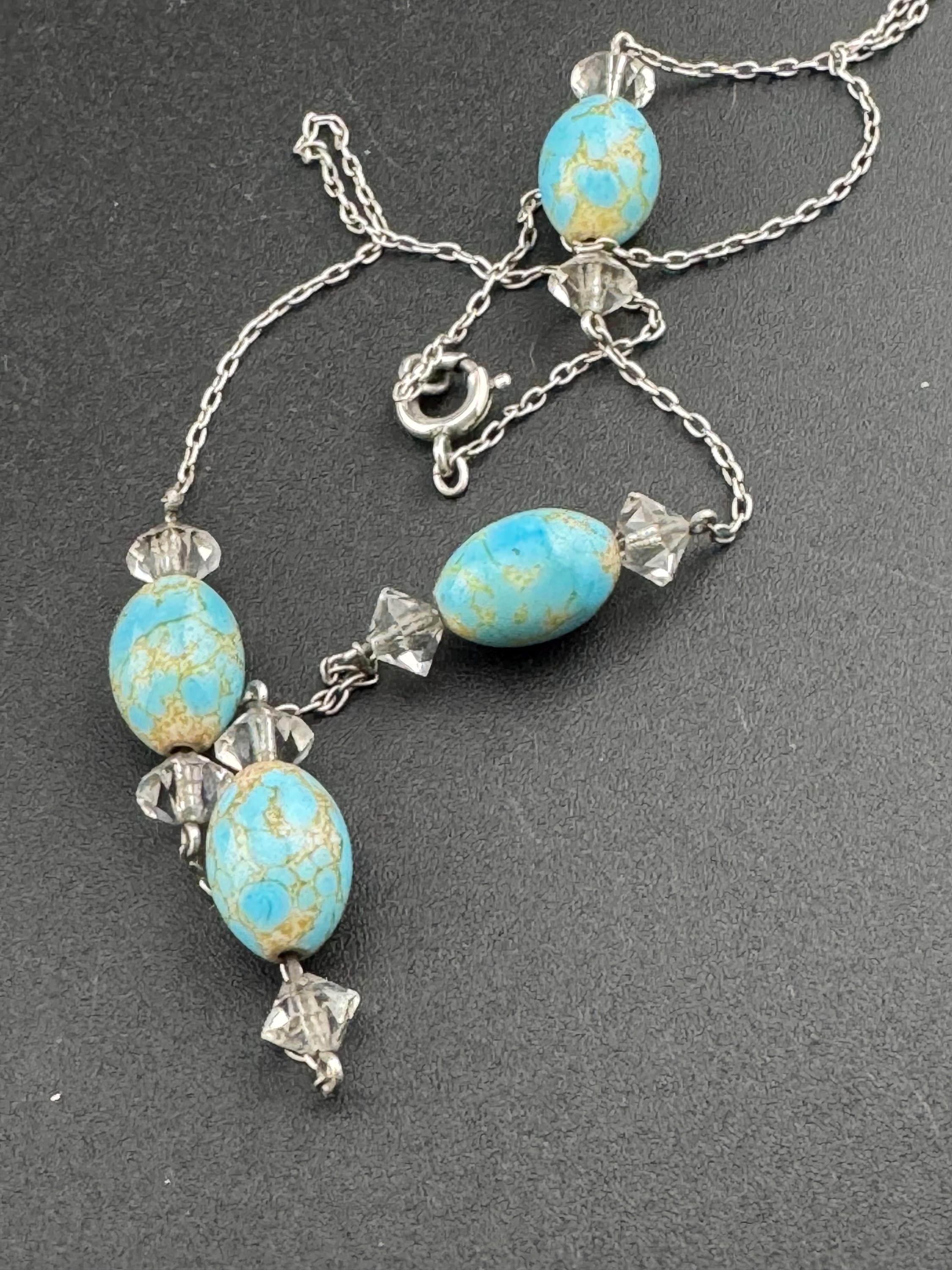 Vintage art deco clear glass crystal Nicole bead a turquoise Czech glass beaded necklace silver tone