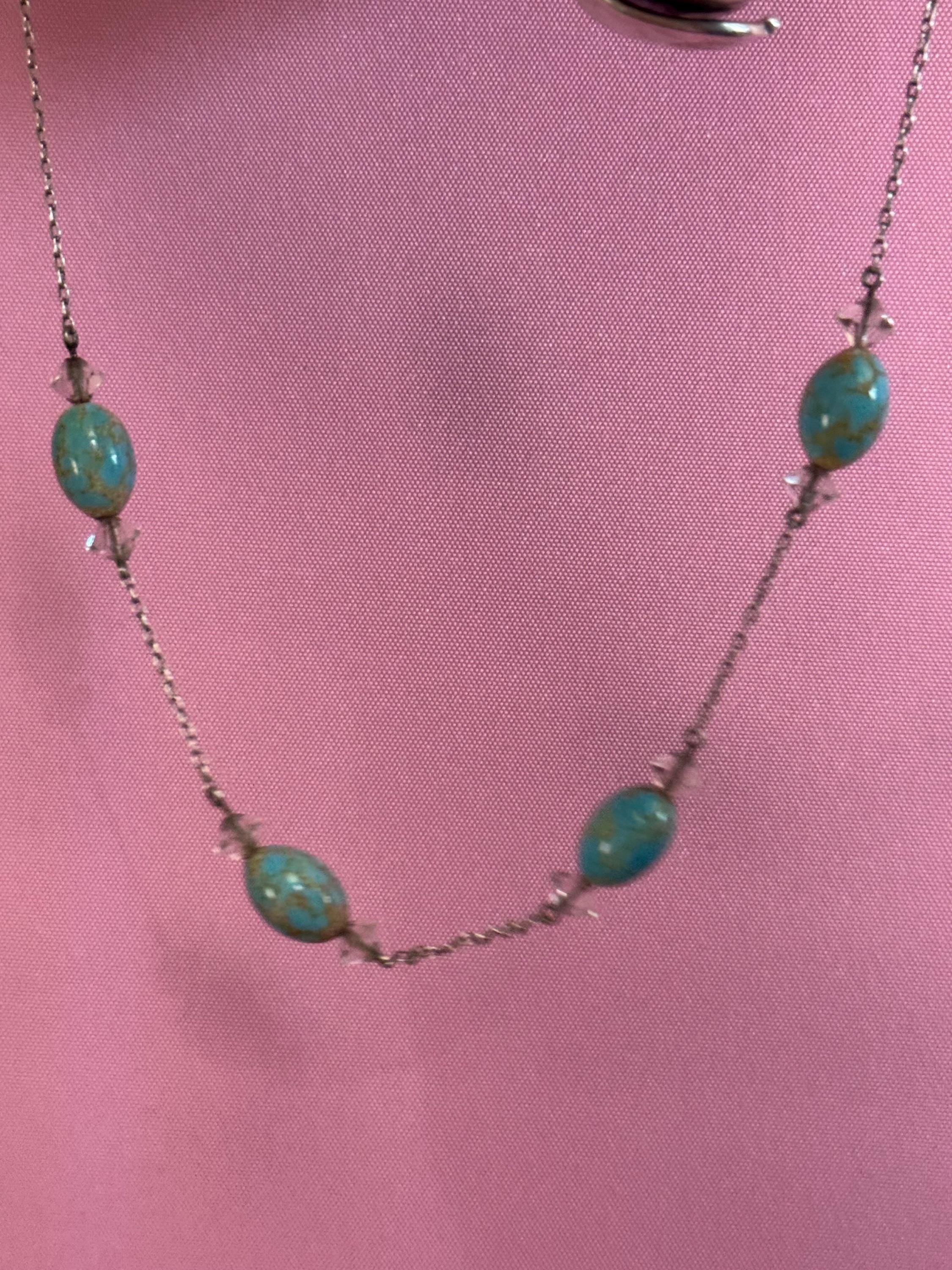 Vintage art deco clear glass crystal Nicole bead a turquoise Czech glass beaded necklace silver tone
