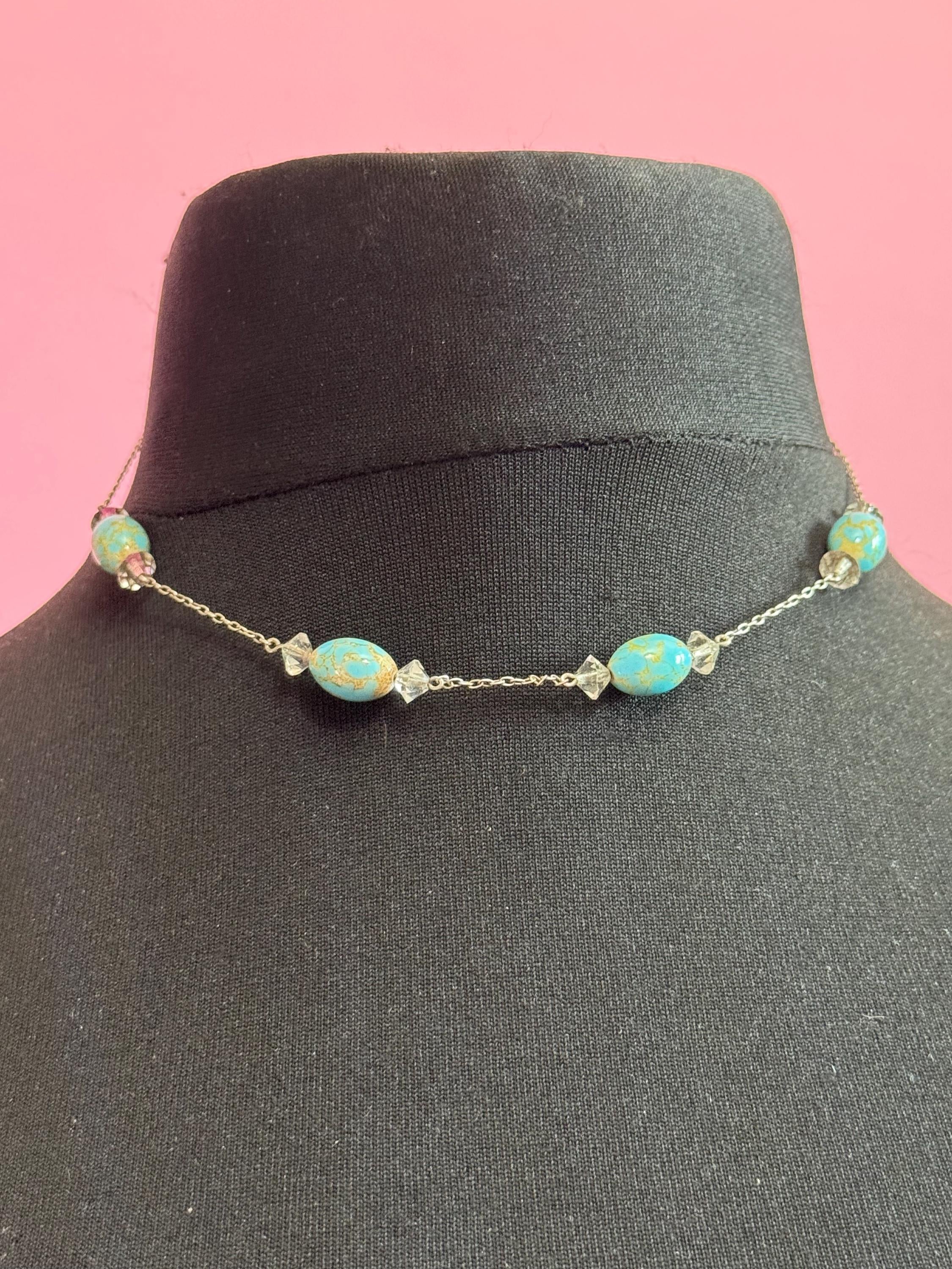 Vintage art deco clear glass crystal Nicole bead a turquoise Czech glass beaded necklace silver tone