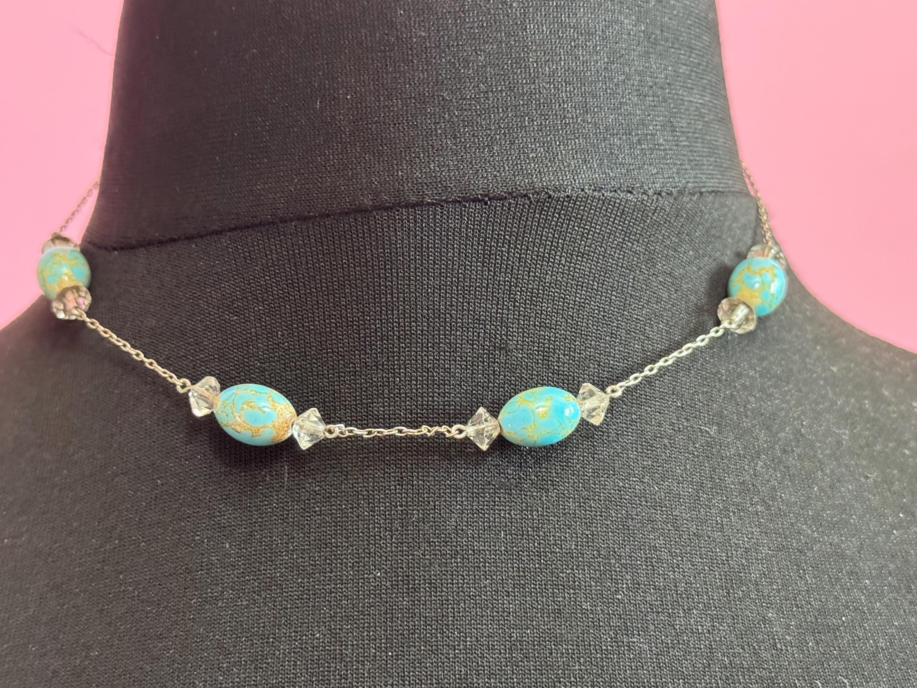 Vintage art deco clear glass crystal Nicole bead a turquoise Czech glass beaded necklace silver tone