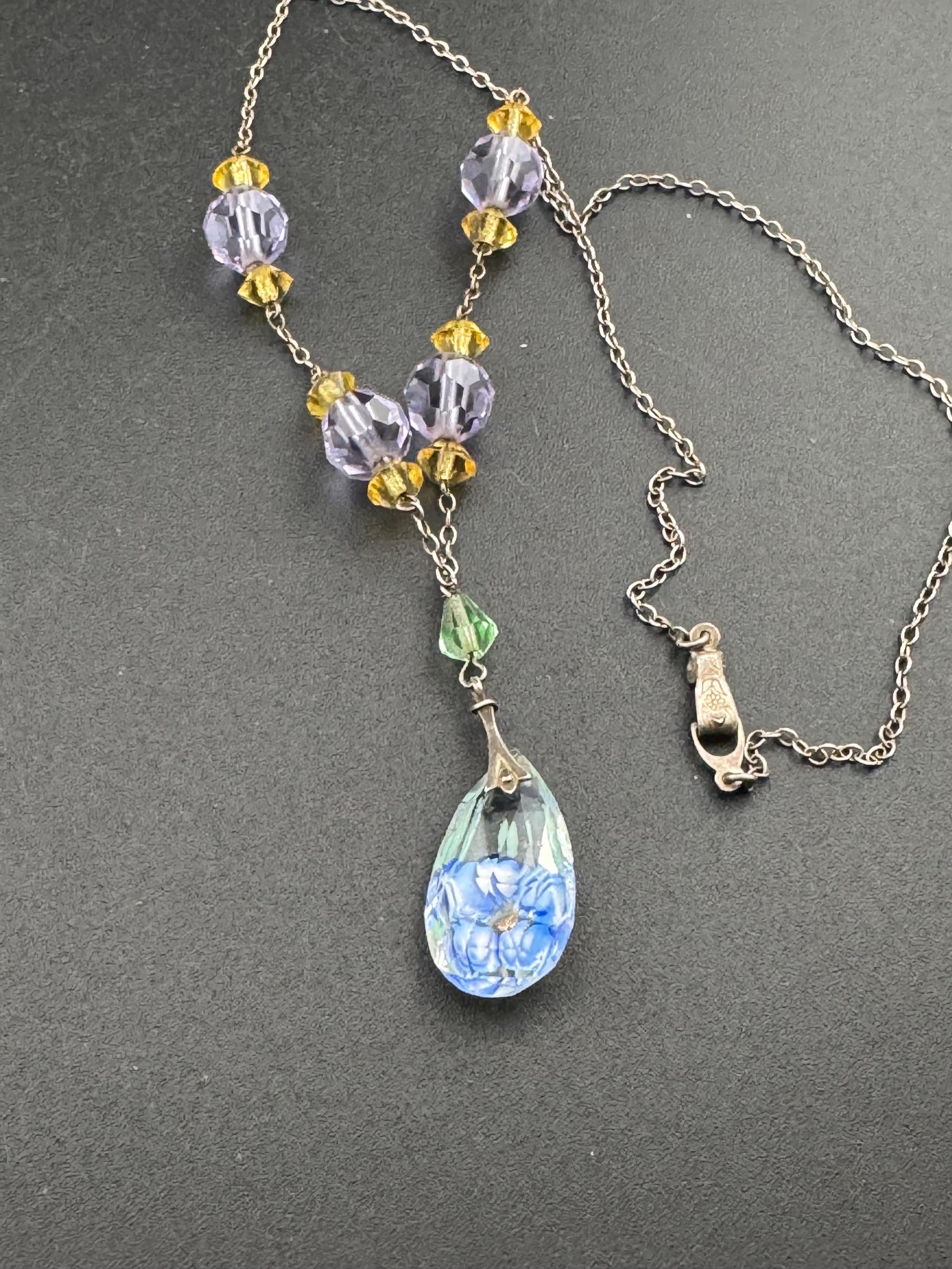 Art Deco 925 silver signed JbS lilac and citrine crystal clear diamante drop pendant necklace with floral reverse painted teardrop