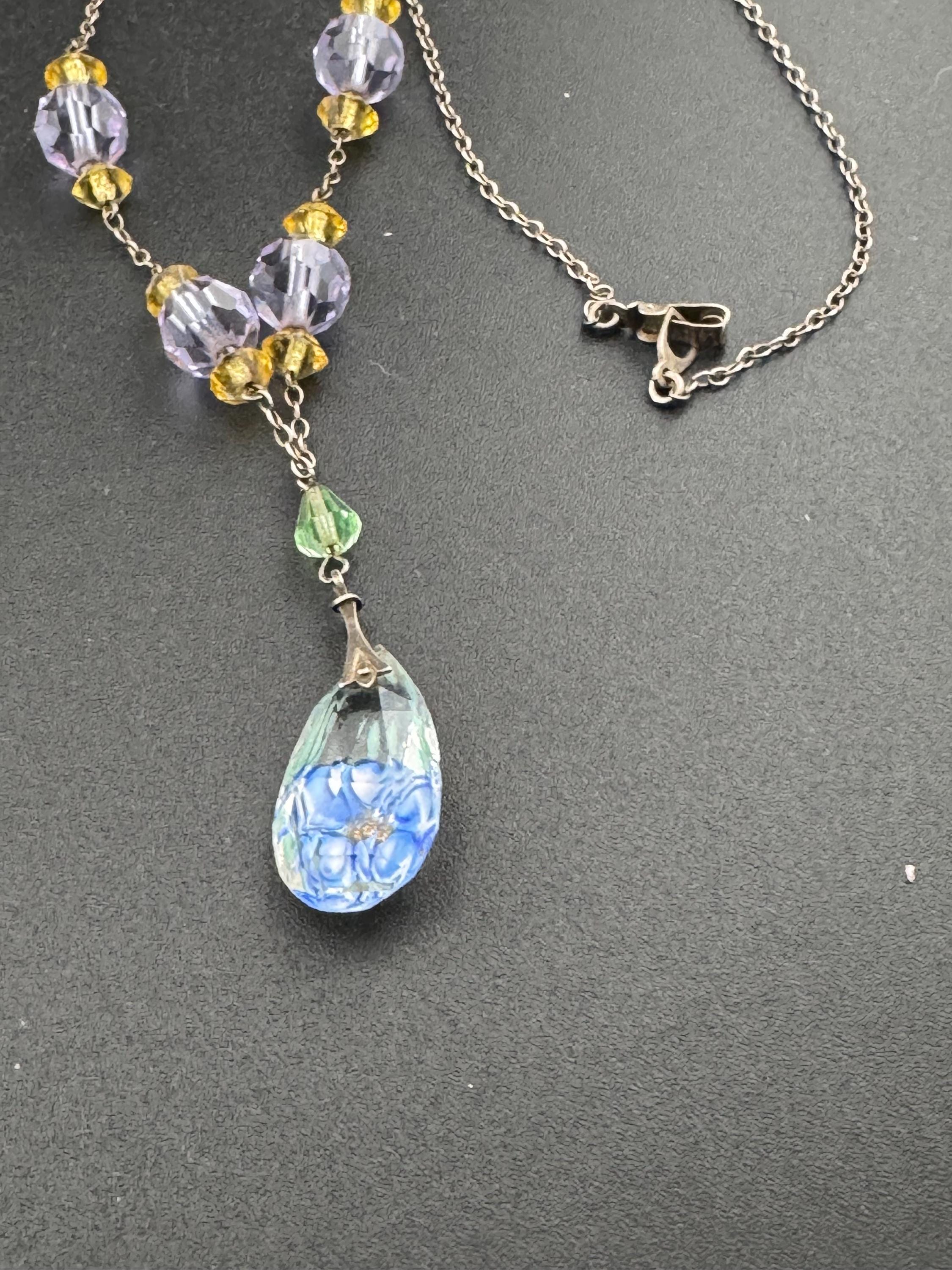Art Deco 925 silver signed JbS lilac and citrine crystal clear diamante drop pendant necklace with floral reverse painted teardrop