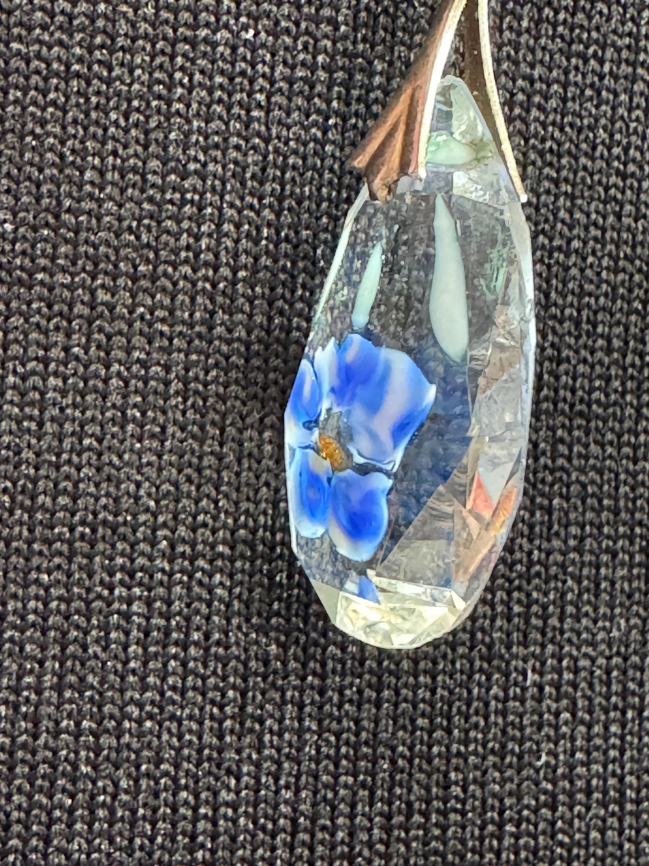 Art Deco 925 silver signed JbS lilac and citrine crystal clear diamante drop pendant necklace with floral reverse painted teardrop