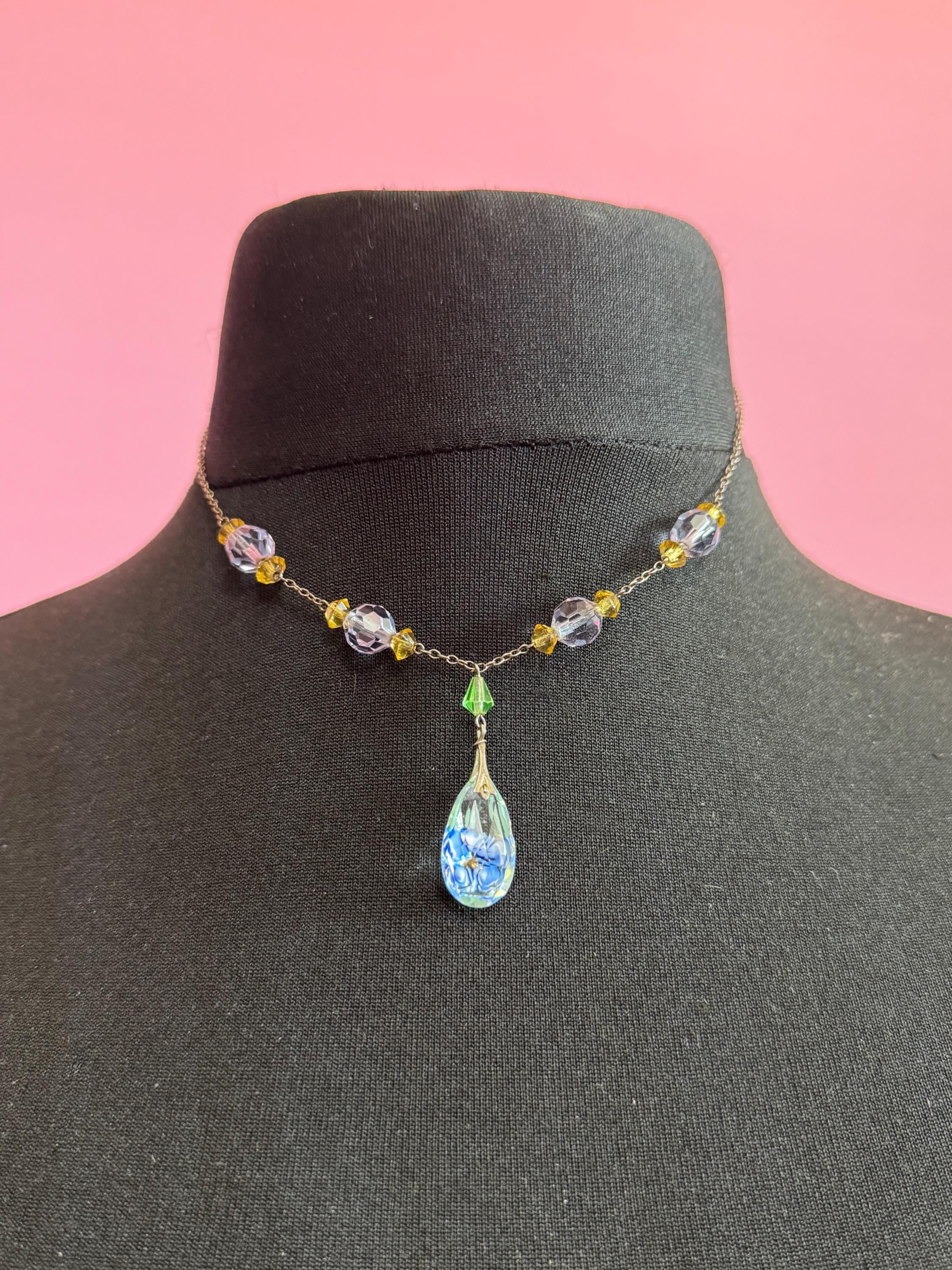 Art Deco 925 silver signed JbS lilac and citrine crystal clear diamante drop pendant necklace with floral reverse painted teardrop