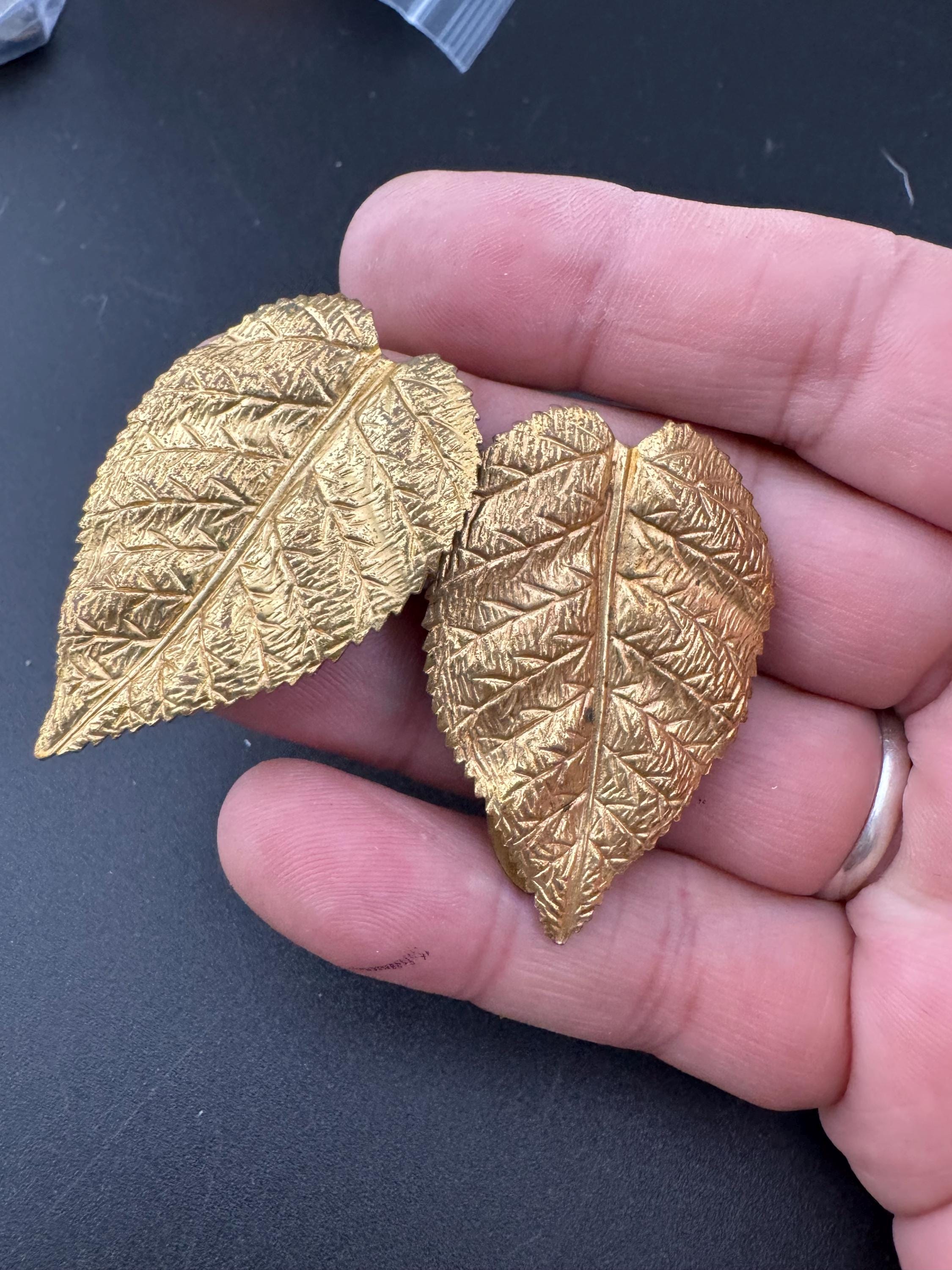 Art Deco Gold Tone Leaf Dress Clips: Czech Stamped Brass (4cm)