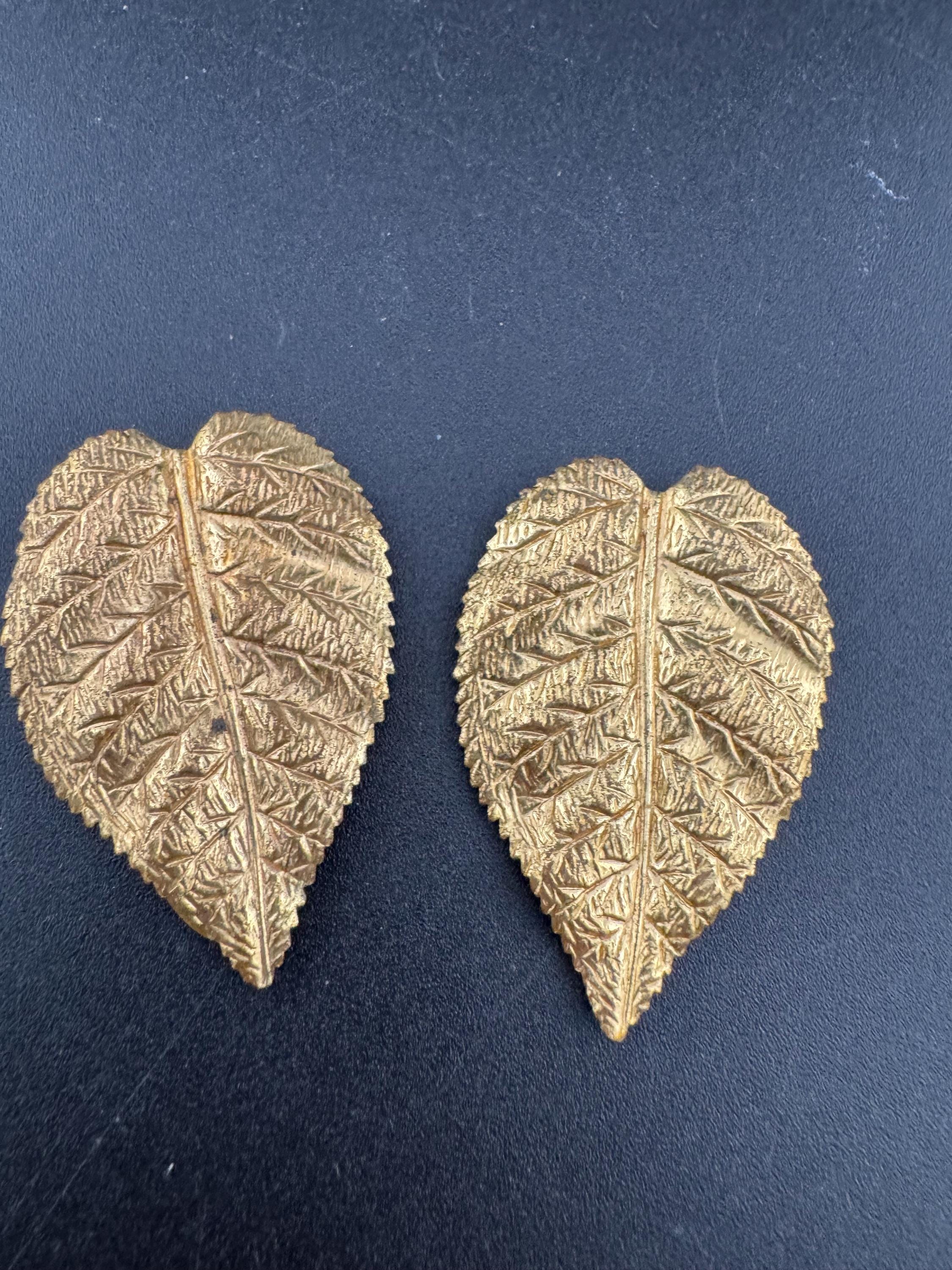 Art Deco Gold Tone Leaf Dress Clips: Czech Stamped Brass (4cm)