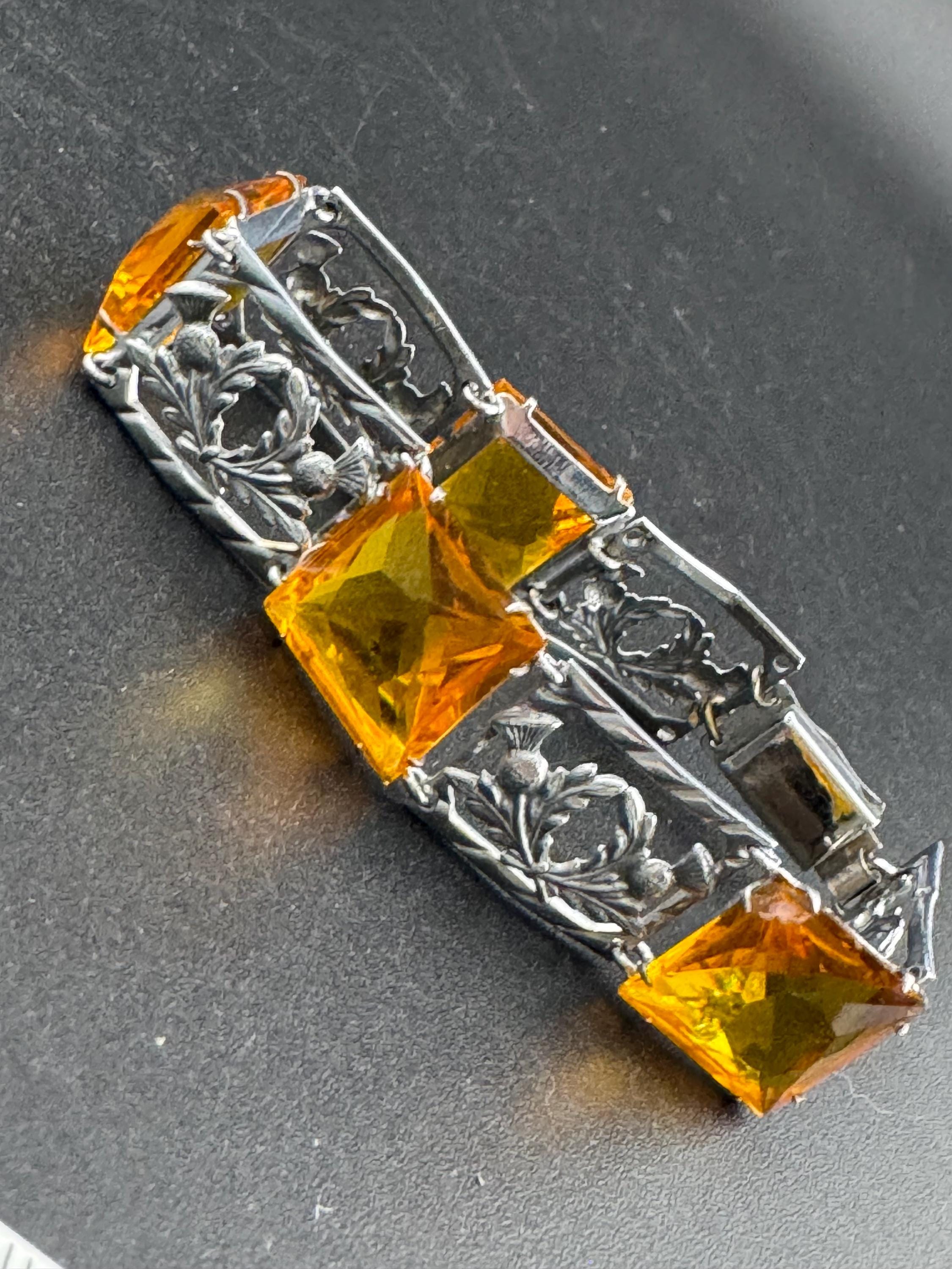 Vintage Silver Tone Citrine Crystal Bracelet: Scottish Thistle Petite Wrist