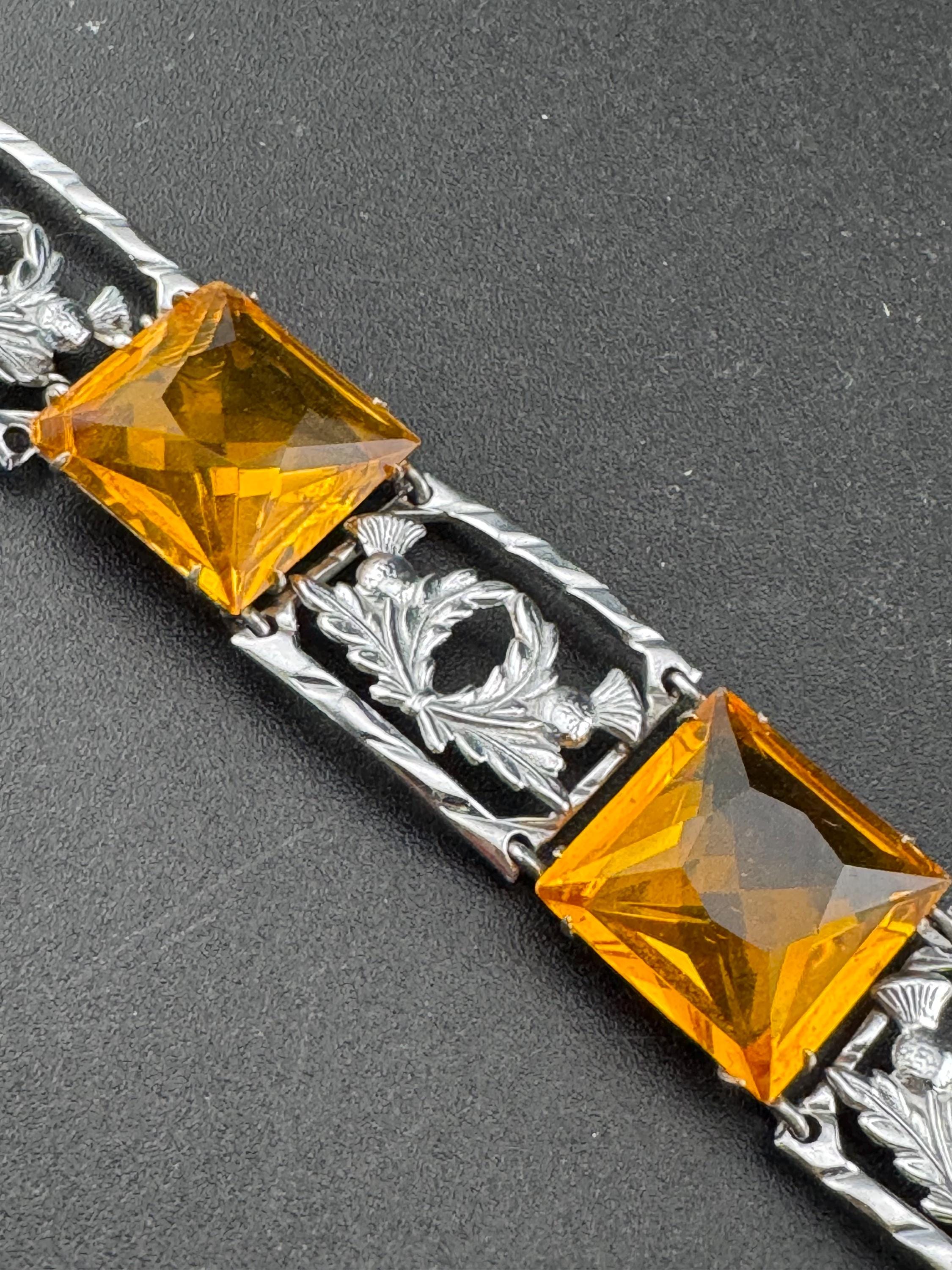 Vintage Silver Tone Citrine Crystal Bracelet: Scottish Thistle Petite Wrist