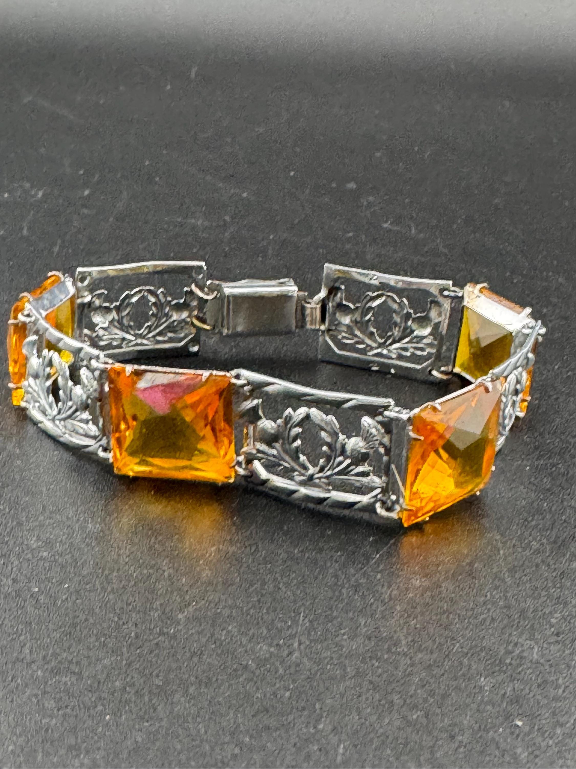 Vintage Silver Tone Citrine Crystal Bracelet: Scottish Thistle Petite Wrist