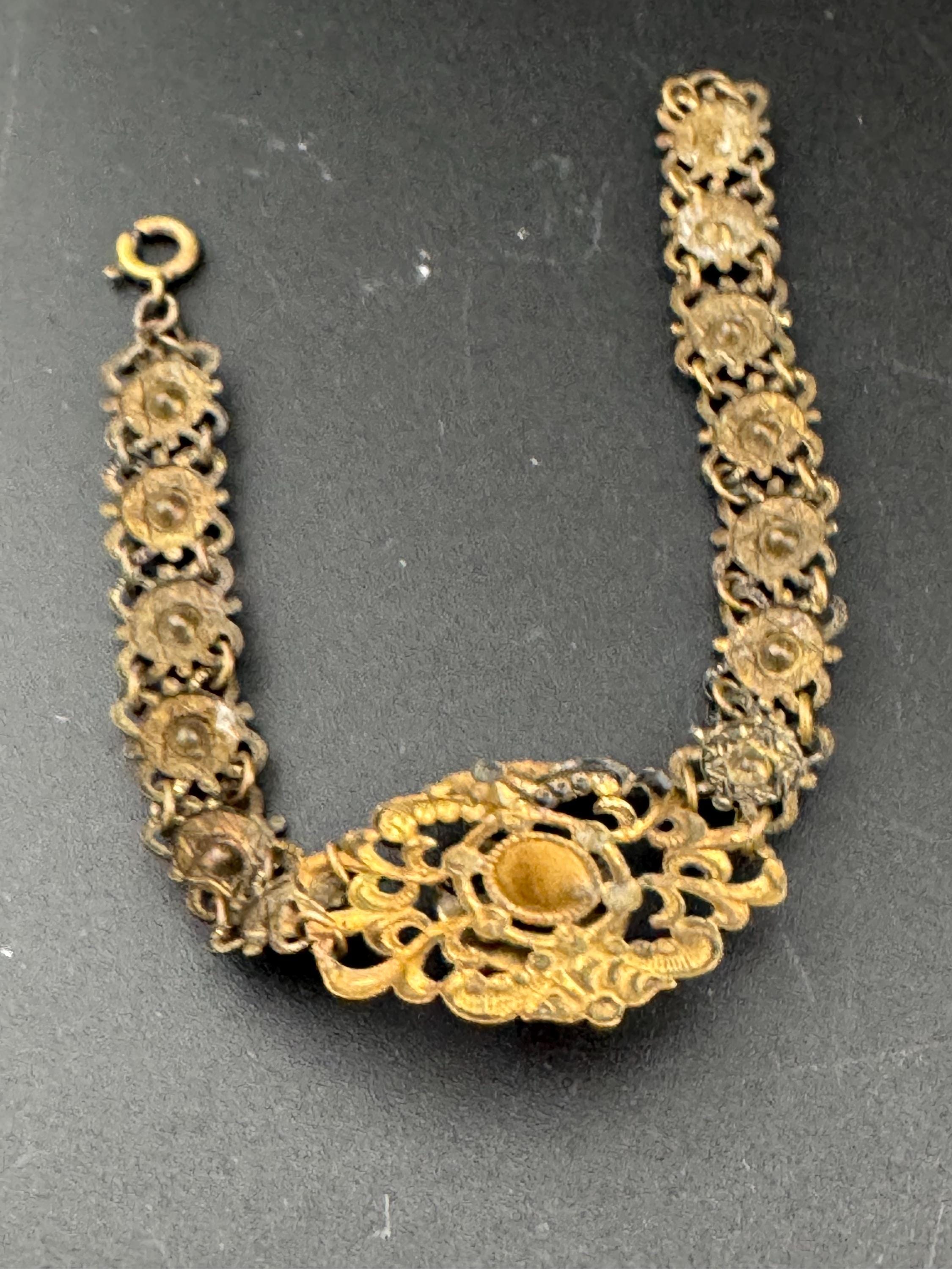 Vintage Czech Filigree Bracelet: Gold Tone Brass, Ruby Rhinestone, Red Cabochon