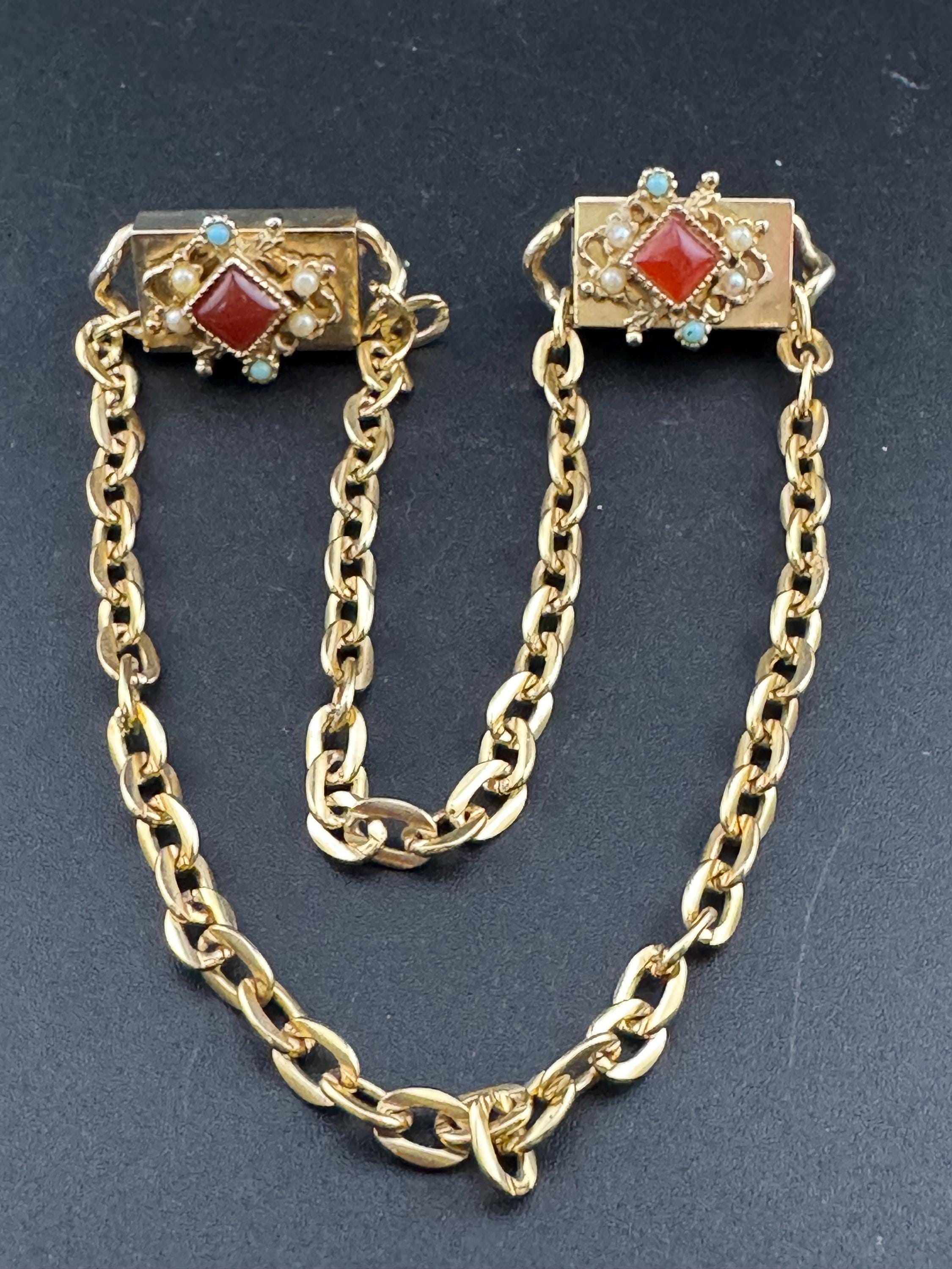 vintage double brooch, gold tone faux seed pearl ruby and turquoise chain metal sweater guards, jumper clasp