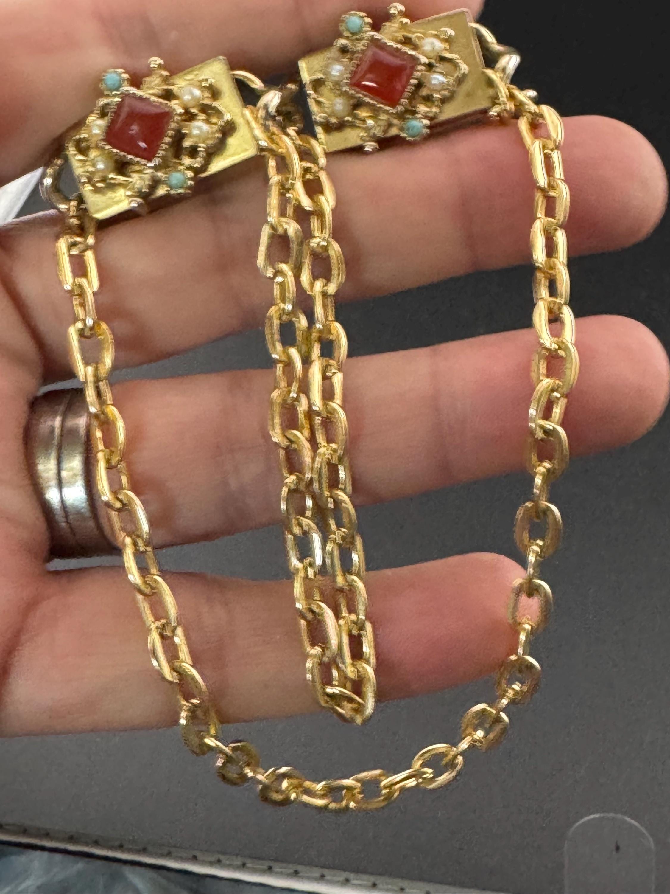 vintage double brooch, gold tone faux seed pearl ruby and turquoise chain metal sweater guards, jumper clasp