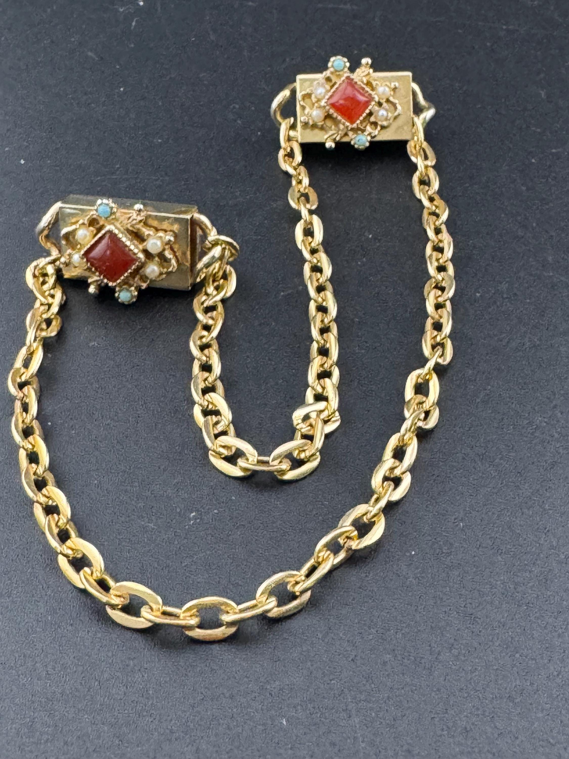 vintage double brooch, gold tone faux seed pearl ruby and turquoise chain metal sweater guards, jumper clasp