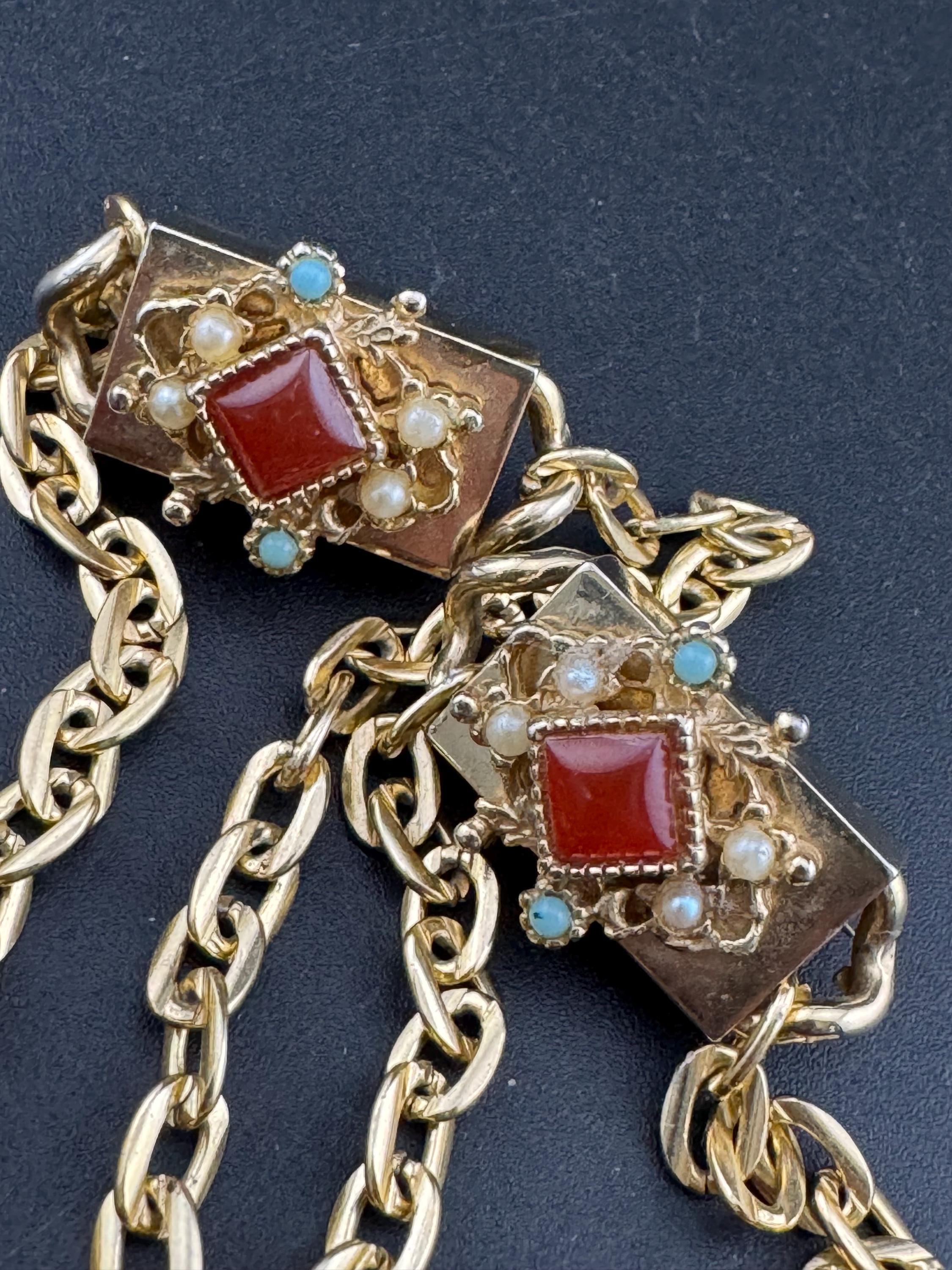 vintage double brooch, gold tone faux seed pearl ruby and turquoise chain metal sweater guards, jumper clasp